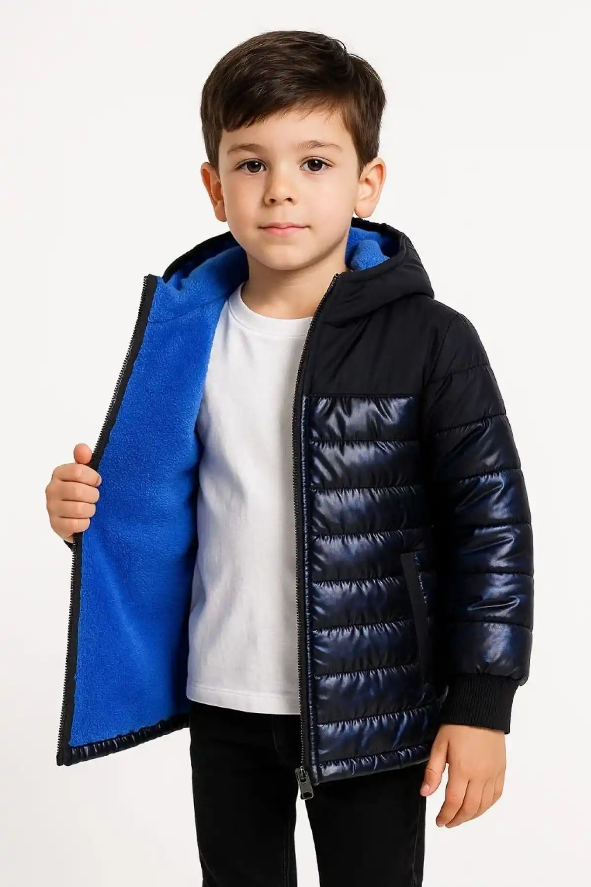 Erkek Çocuk Kamuflaj Desenli Mont İçi Sıcak Tutan Pelüş Astarlı, Kapüşonlu, Fermuarlı Kışlık Su İtici Şişme Mont - Lacivert