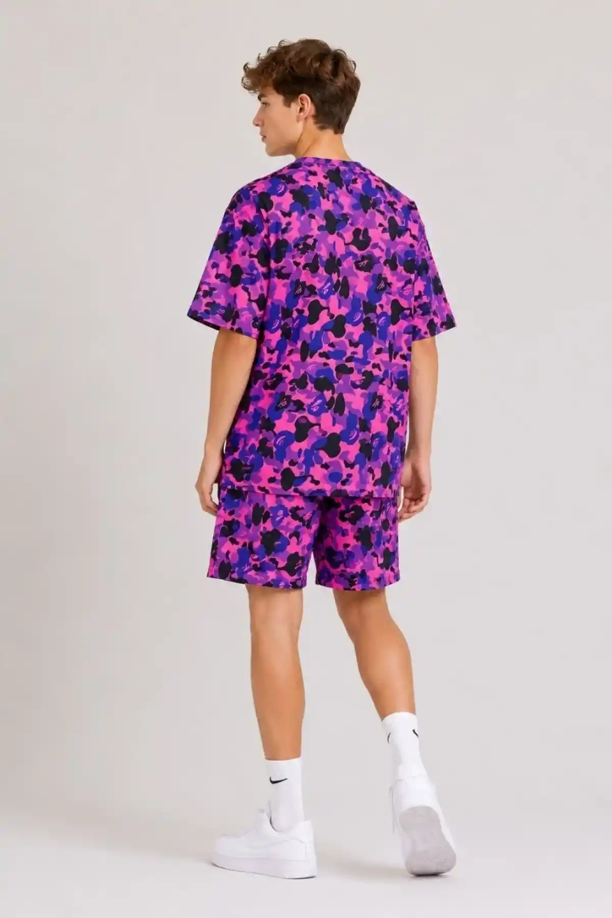 Erkek Çocuk Oversize Kalıp Pubg Bape X Shark Nakışlı Cepli Şort Takım - Mor
