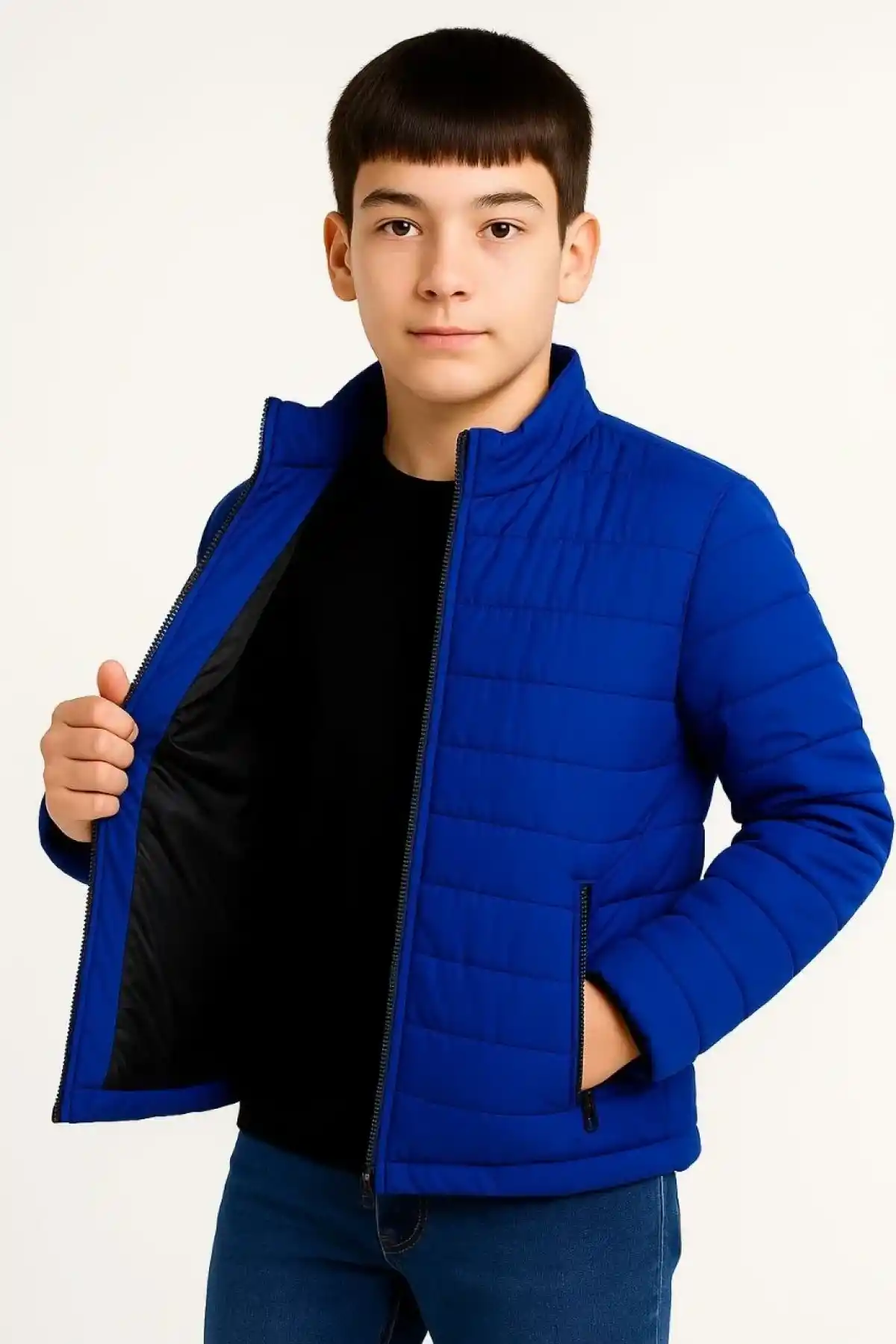 Erkek Çocuk Şişme Mont Hafif ve Sıcak Tutucu Kışlık Fermuarlı Su İtici Rahat Günlük Mont Kapüşonuz Modern Tasarım - Saks Mavisi