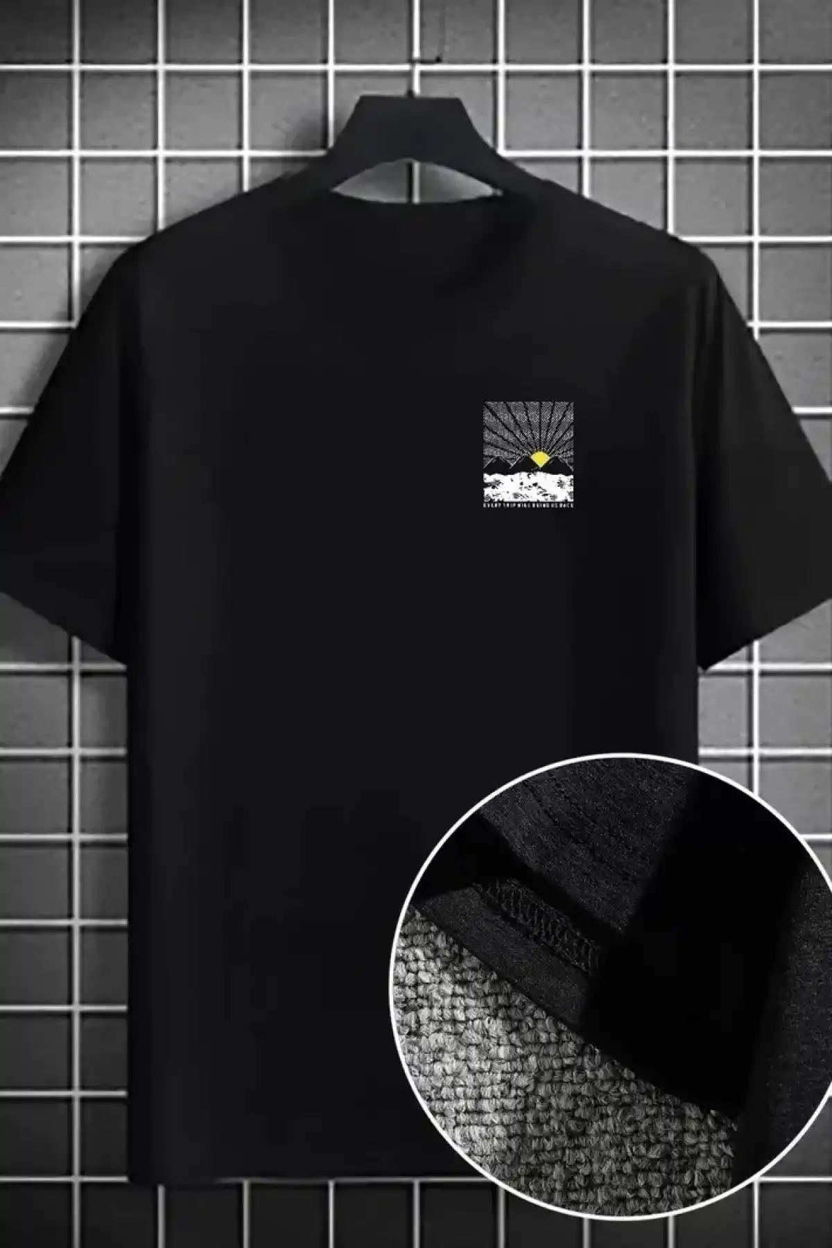 Erkek Dağ Grafikli Tişört, Yaz için Büyük Beden Rahat T-shirt - Siyah