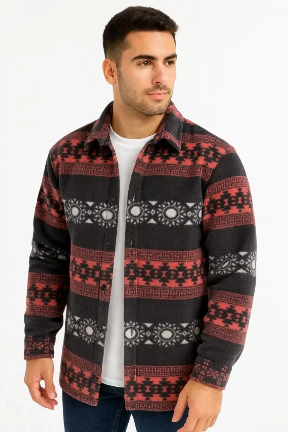 Erkek Desenli Polar Gömlek – Etnik Şerit Desen Yakalı, Uzun Kollu, Düğmeli, Oversize Rahat Kalıp - Füme