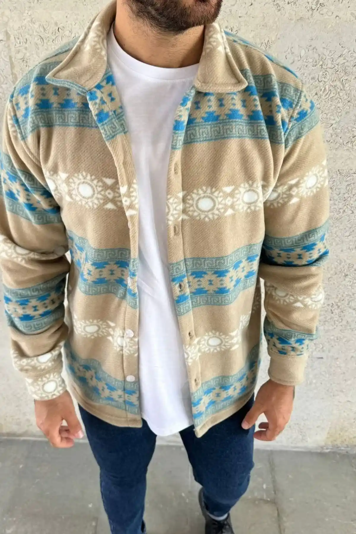 Erkek Desenli Polar Gömlek Etnik Şerit Desen Yakalı Uzun Kollu Düğmeli Oversize - Sarı