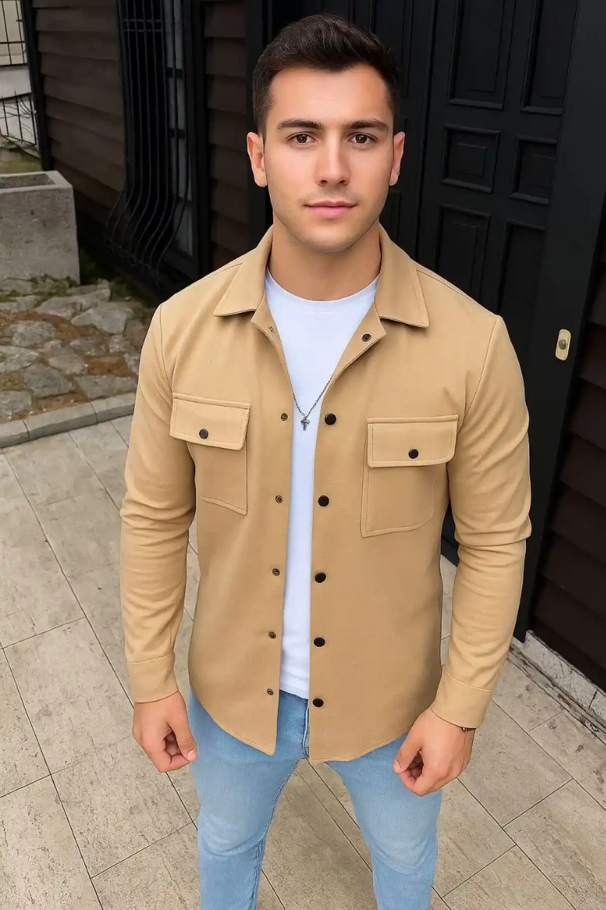Erkek Diagonal Kumaş Cepli Çıtçıtlı uzun Kollu, Gömlek Oversize Rahat Kalıp Günlük Şık Stil - Bej