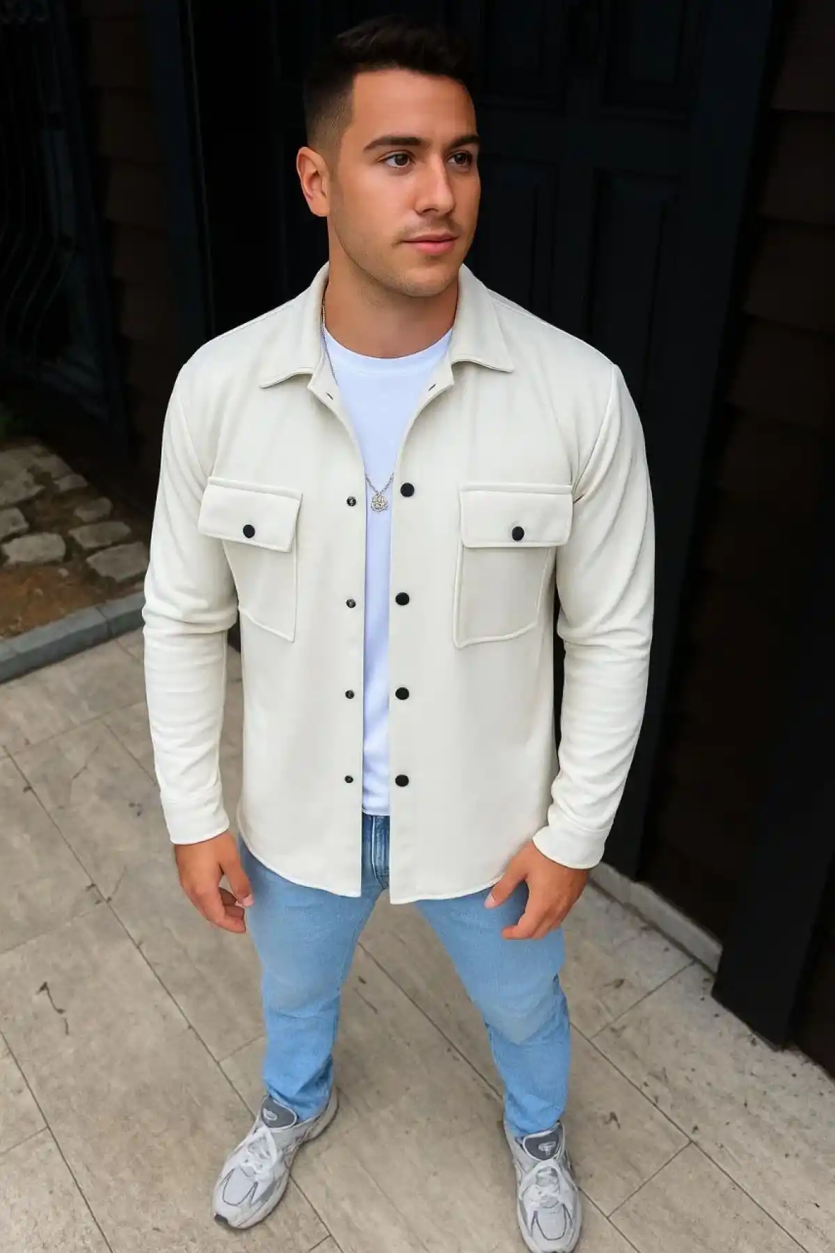 Erkek Diagonal Kumaş Cepli Çıtçıtlı uzun Kollu, Gömlek Oversize Rahat Kalıp Günlük Şık Stil - Beyaz