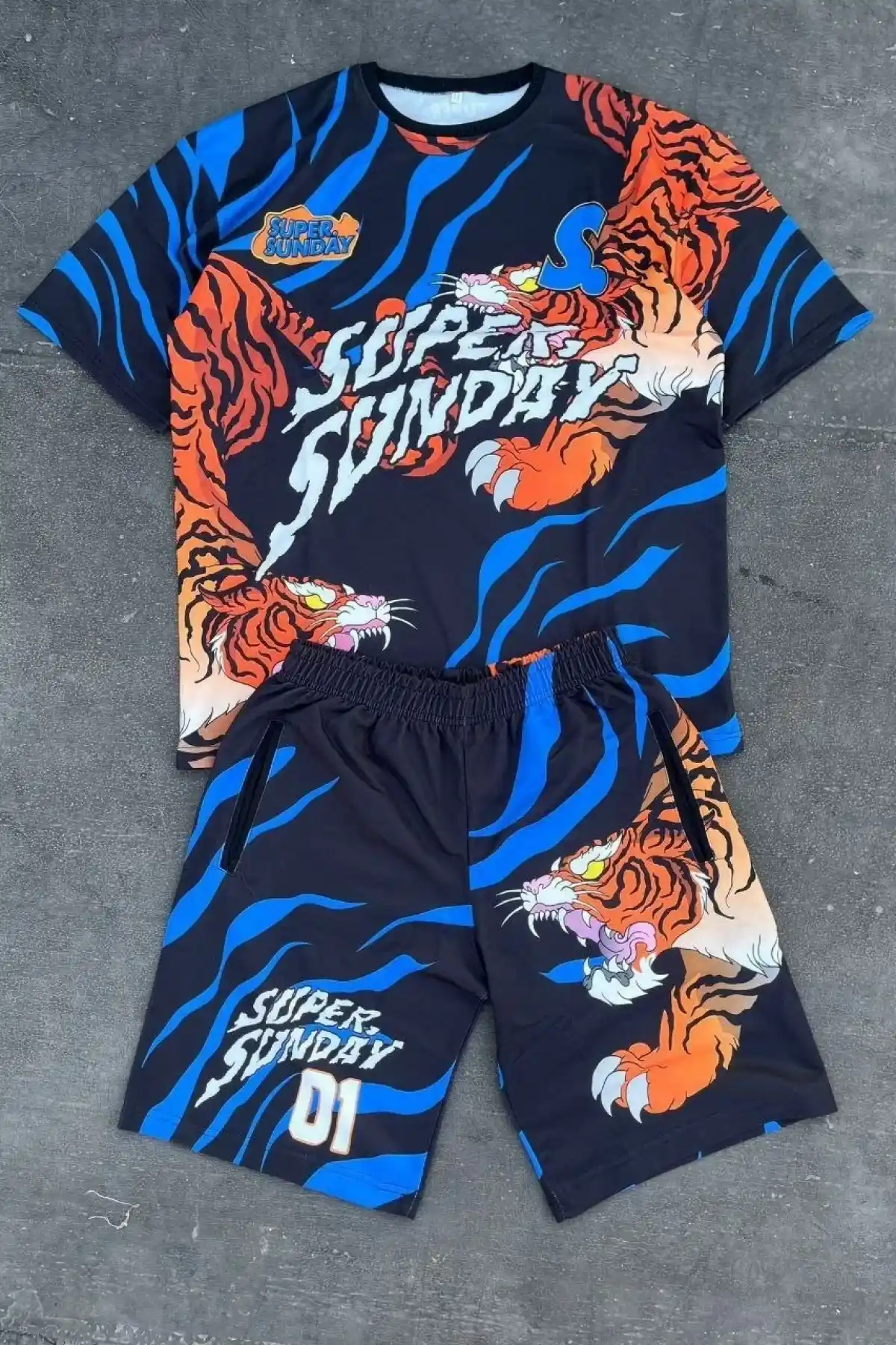 Erkek Dijital Baskılı Şortlu Takım - Mavi