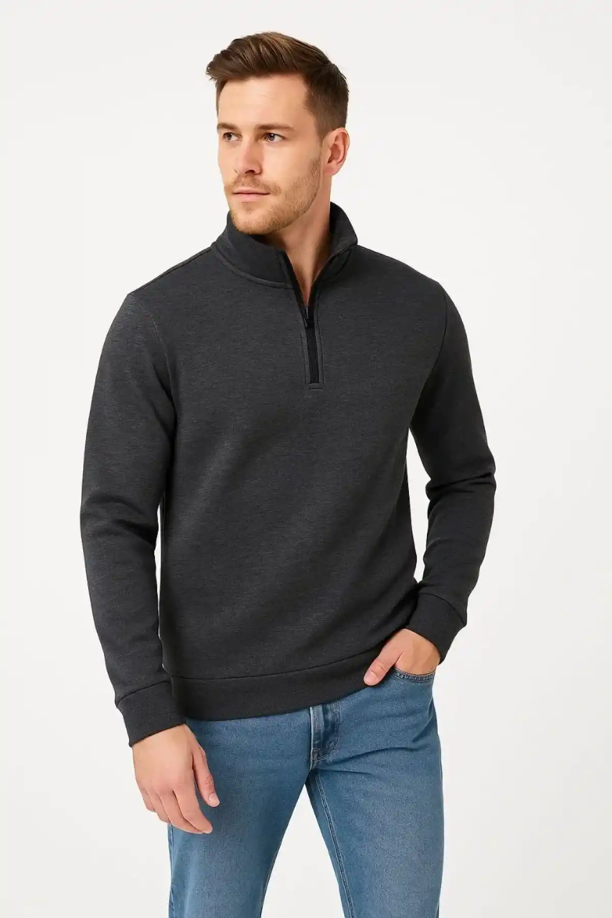 Erkek Dik Yaka Sweatshirt Dik Yaka Yarım Fermuarlı 3 İplik Şardonlu Pamuk Kumaş - Antrasit