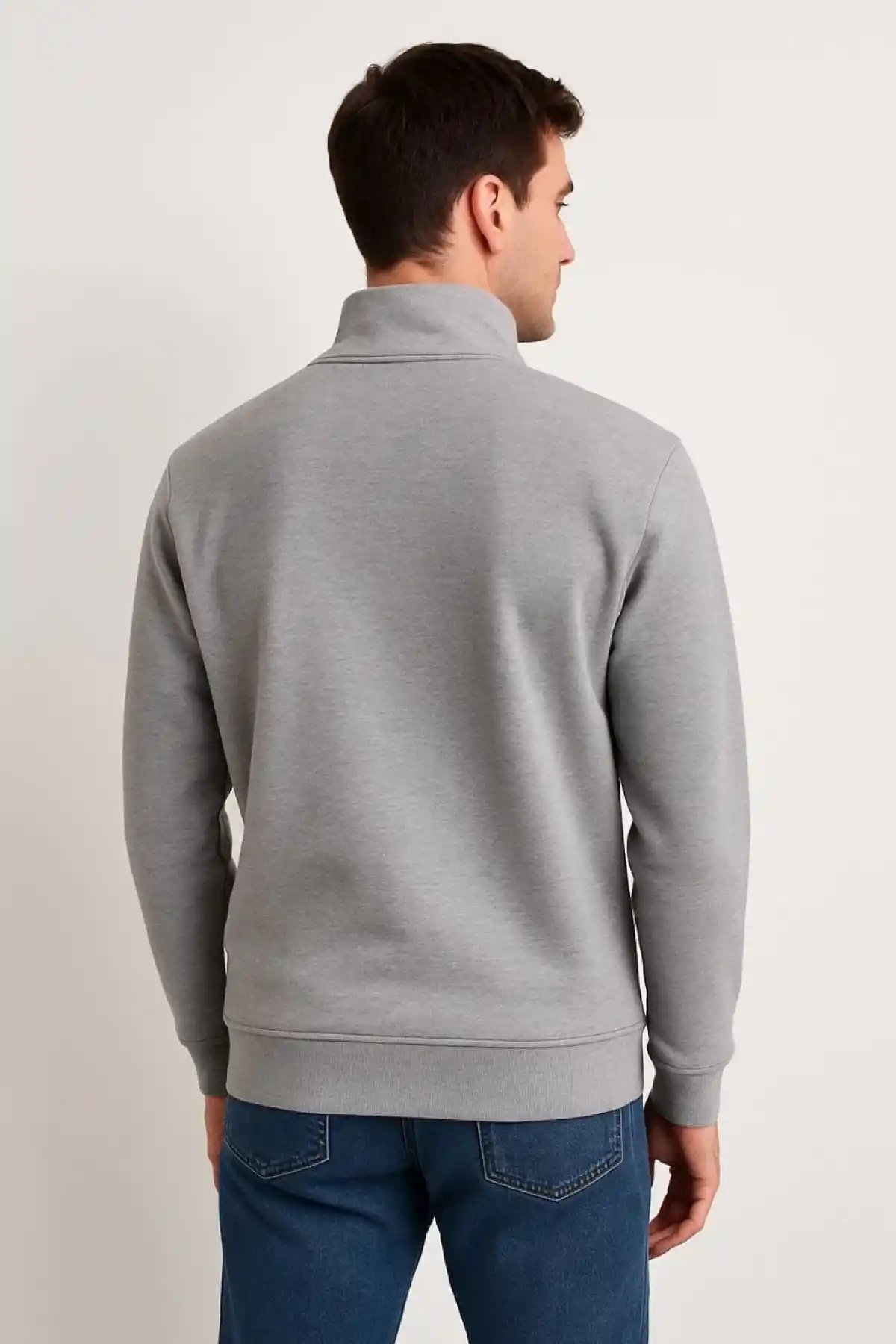 Erkek Dik Yaka Sweatshirt Dik Yaka Yarım Fermuarlı 3 İplik Şardonlu Pamuk Kumaş - Gri
