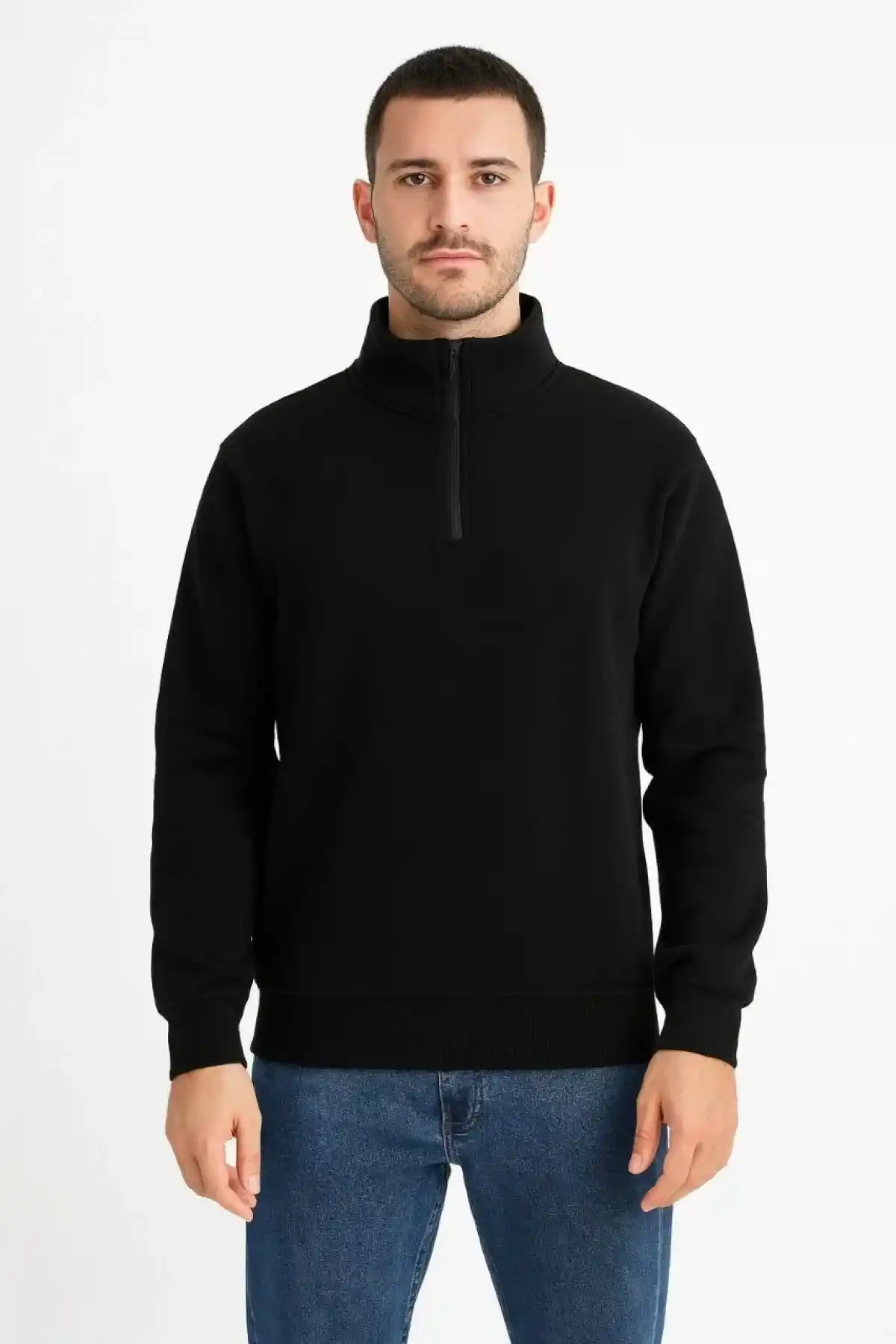 Erkek Dik Yaka Sweatshirt Dik Yaka Yarım Fermuarlı 3 İplik Şardonlu Pamuk Kumaş - Siyah