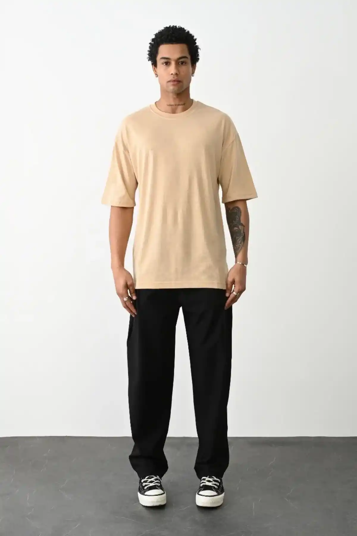 Erkek Düz Basic Bisiklet Yaka Kısa kol T-Shirt - Bej