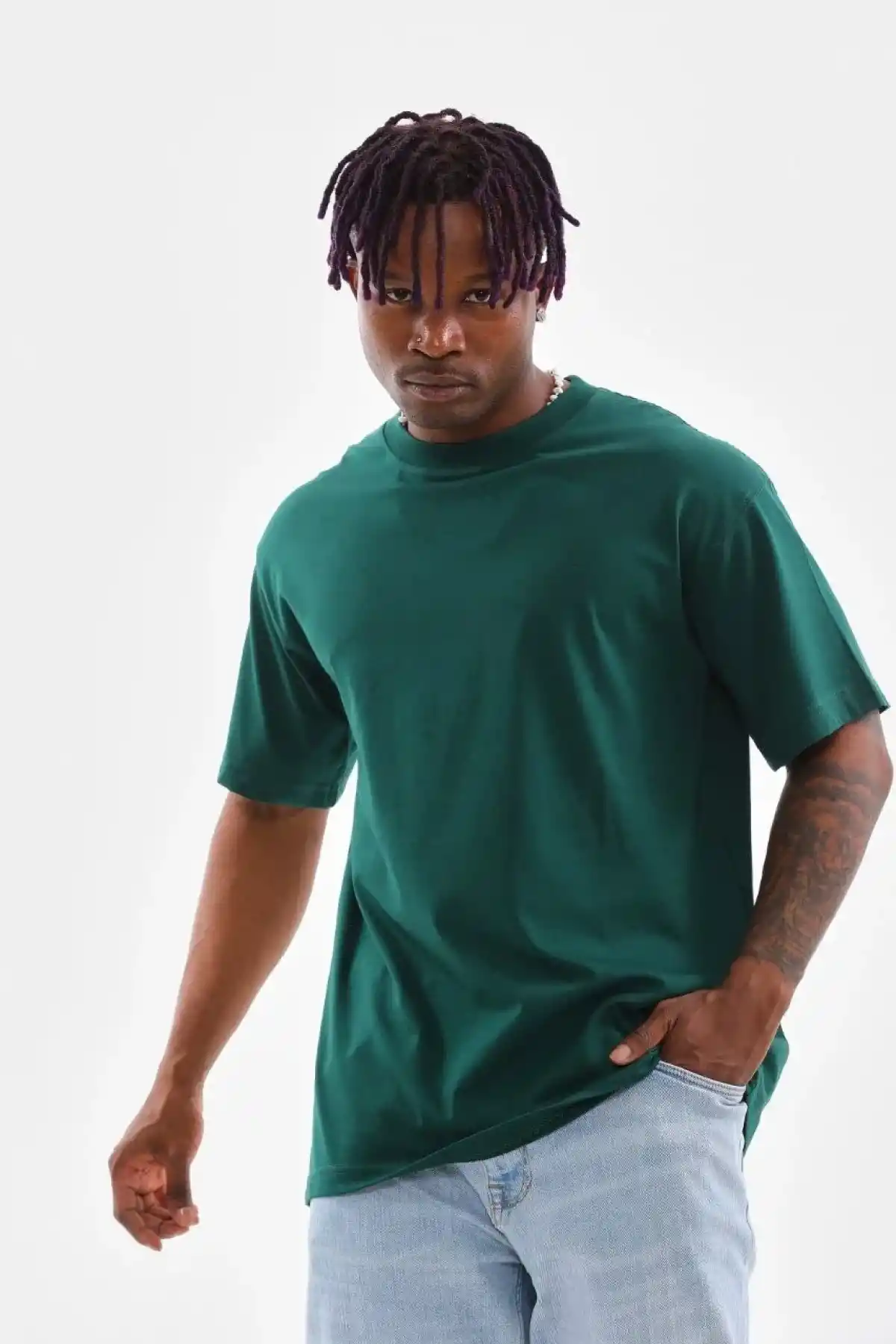 erkek  Düz Bisiklet Yaka T-Shirt - Koyu Yeşili