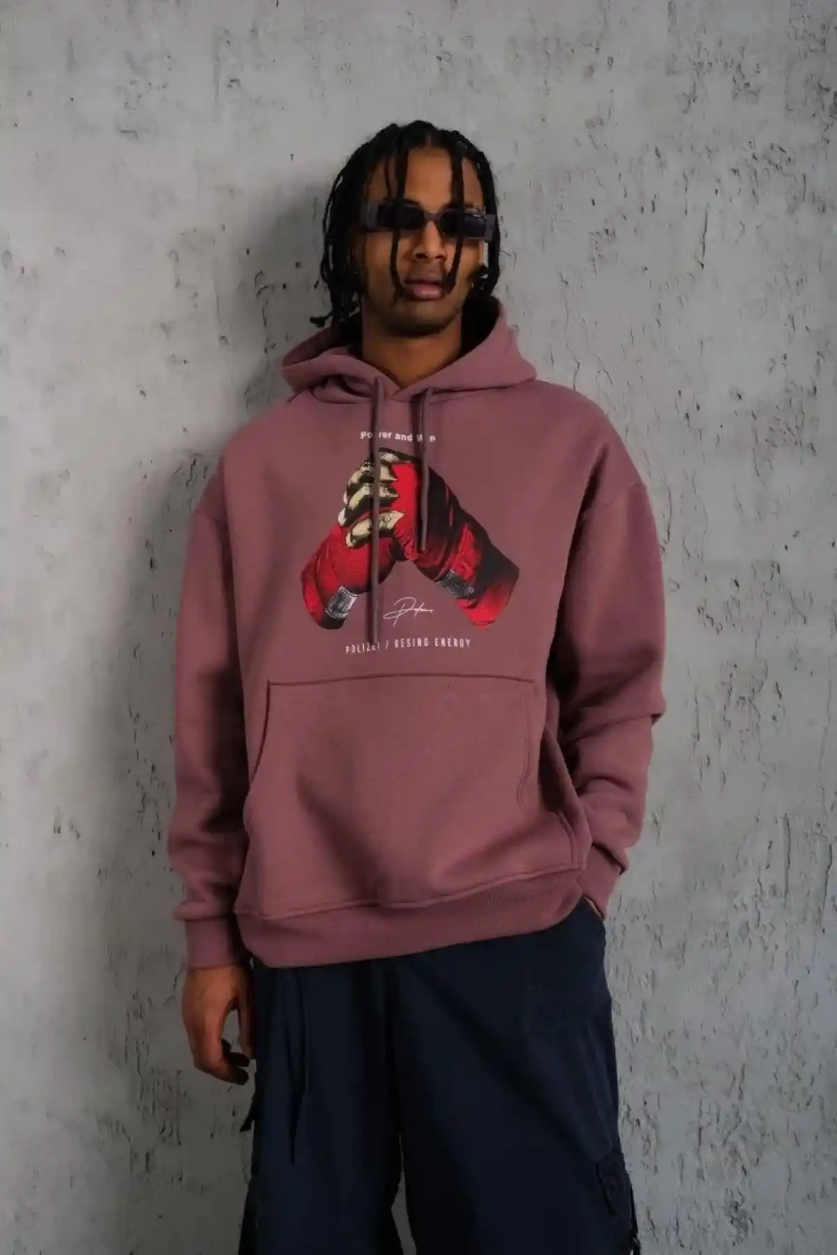 Erkek Eldiven Baskılı Kapüşonlu Sweat - Gül Kurusu