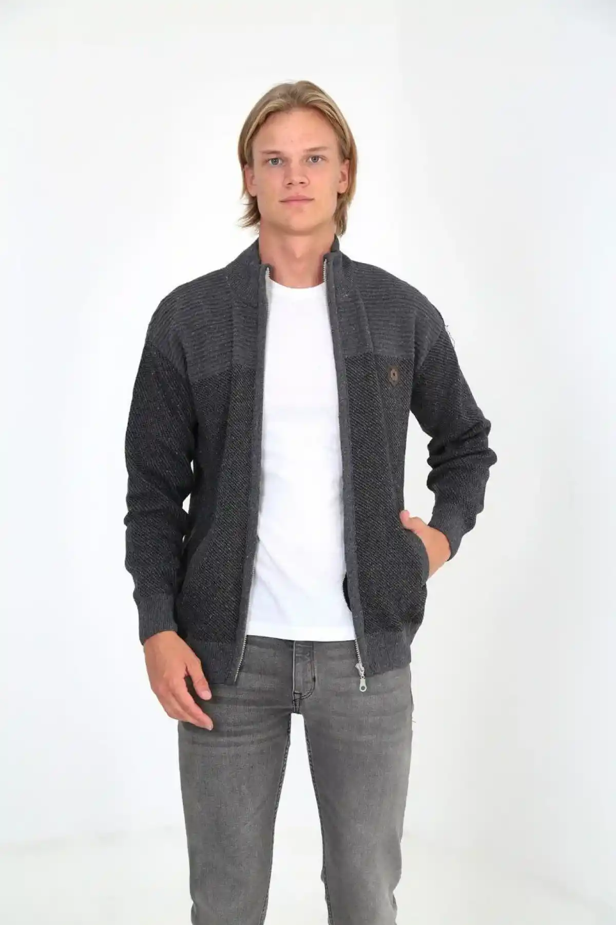 Erkek Fermuarlı Triko Hırka Yüksek Yaka, Cepli, Günlük Şık Rahat Kalıp Triko - Gri