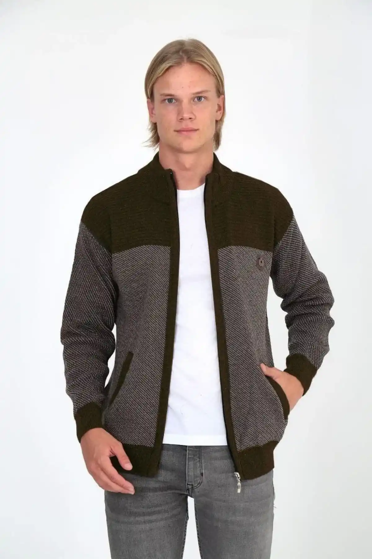 Erkek Fermuarlı Triko Hırka Yüksek Yaka, Cepli, Günlük Şık Rahat Kalıp Triko - Kahverengi