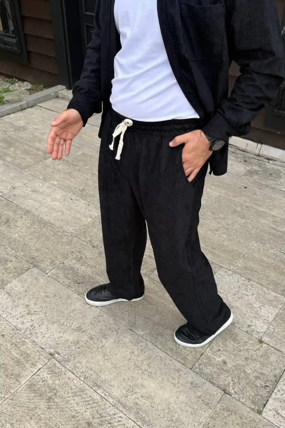 Erkek Fitilli Kadife Cepli Buggy Pantolon Oversize Rahat Kalıp - Siyah
