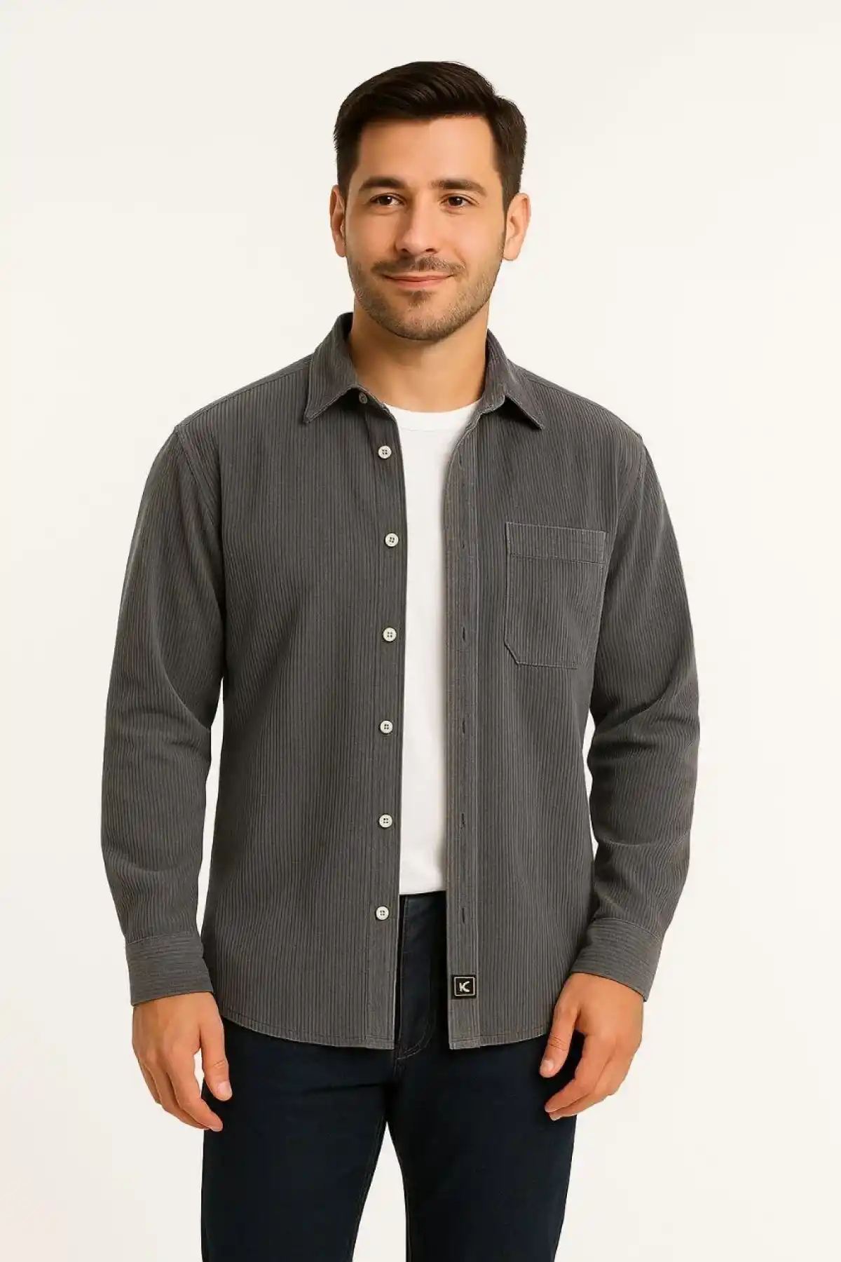 Erkek Fitilli Kadife Cepli Gömlek Oversize Rahat Kalıp - Füme