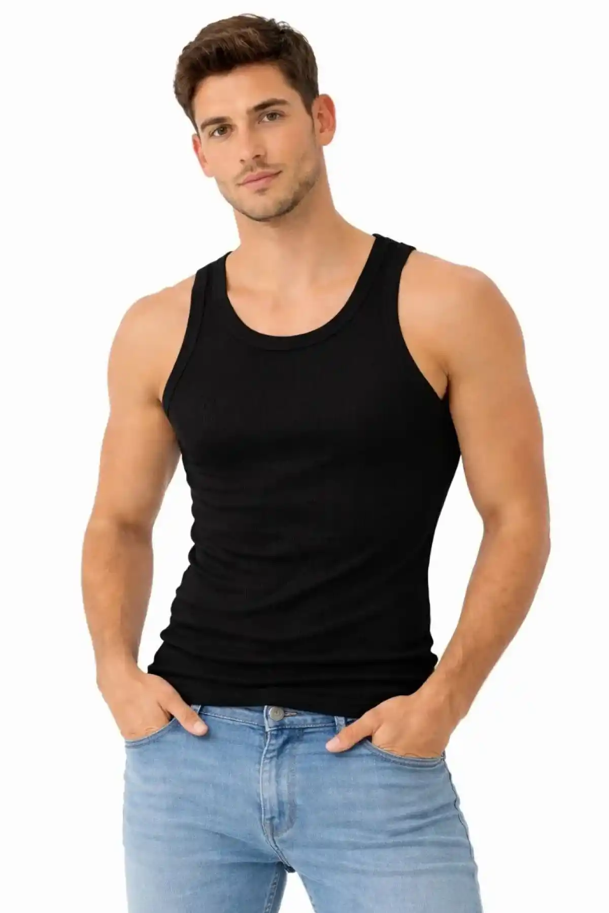 Erkek Fitilli Likralı Kaşkorse Atlet Vücuda Oturan Basic Şıklık - Siyah