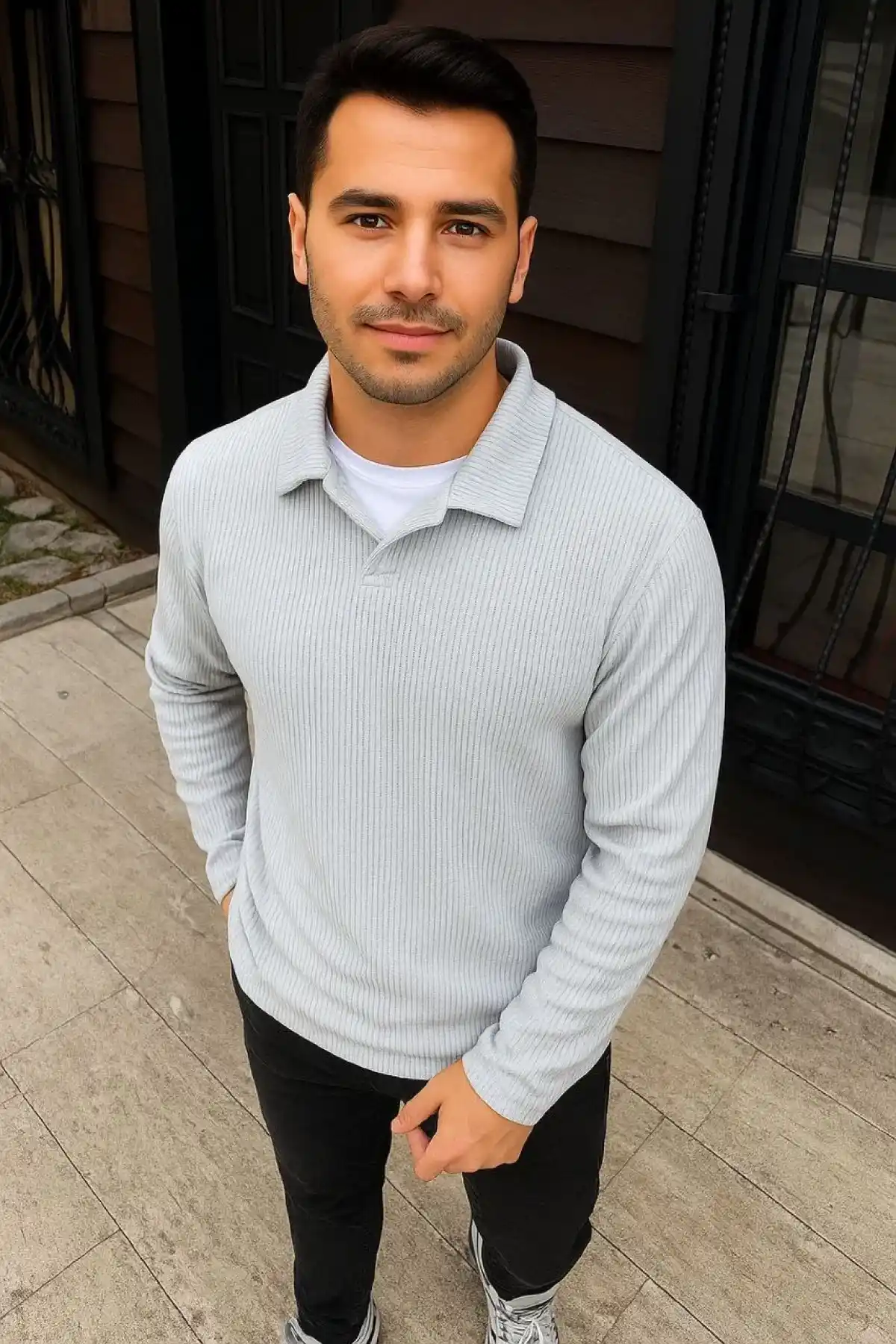 Erkek Fitilli Polar Sweatshirt – Düğmesiz Polo Yaka, Oversize Rahat Kalıp, Kalın Polar Kumaş, Kışlık ve Baharlık Şık Günlük Üst - Gri