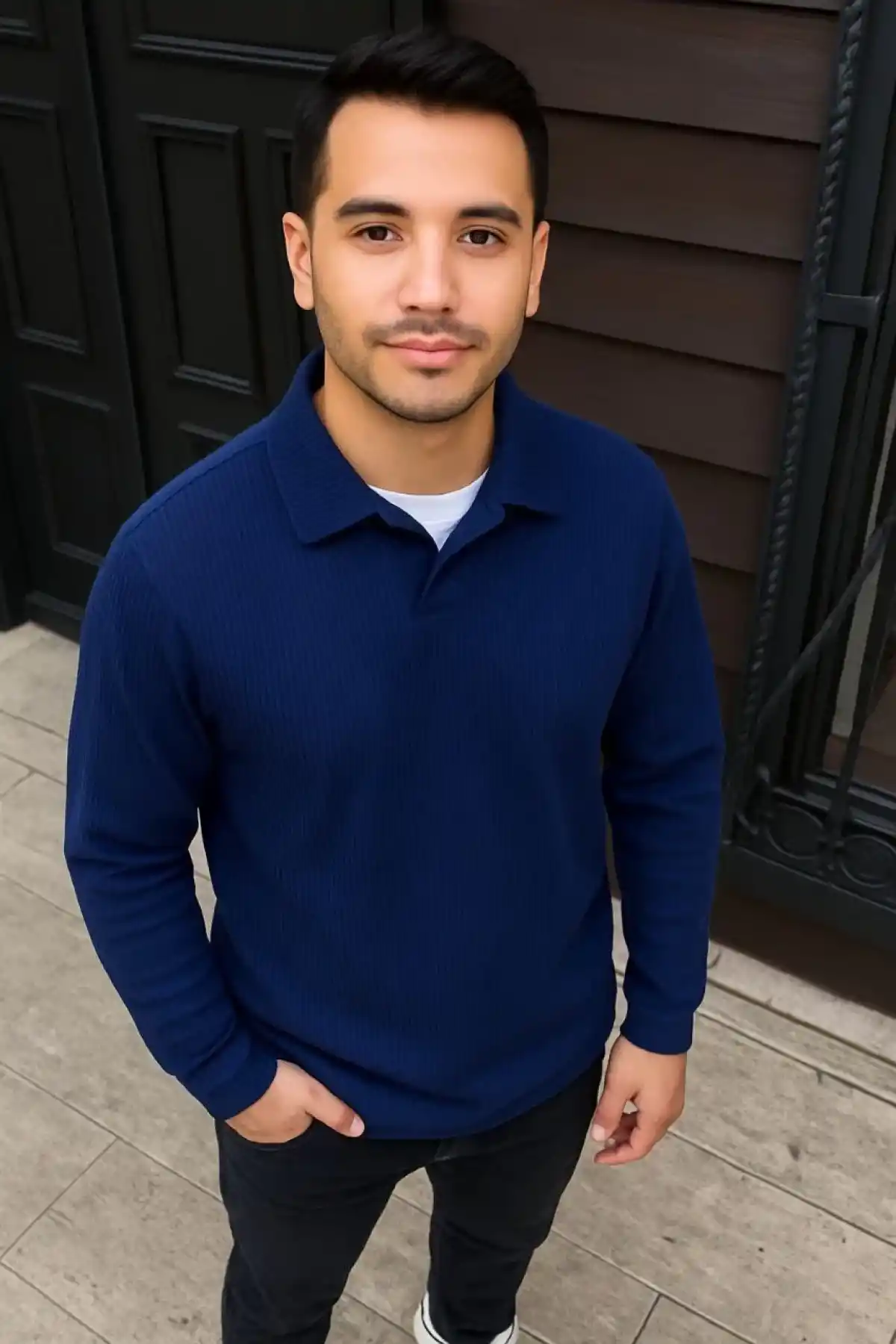 Erkek Fitilli Polar Sweatshirt – Düğmesiz Polo Yaka, Oversize Rahat Kalıp, Kalın Polar Kumaş, Kışlık ve Baharlık Şık Günlük Üst - Lacivert