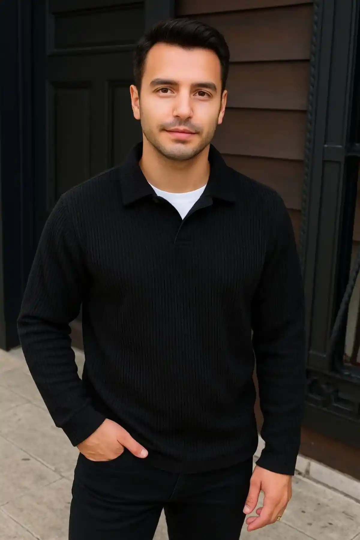 Erkek Fitilli Polar Sweatshirt – Düğmesiz Polo Yaka, Oversize Rahat Kalıp, Kalın Polar Kumaş, Kışlık ve Baharlık Şık Günlük Üst - Siyah