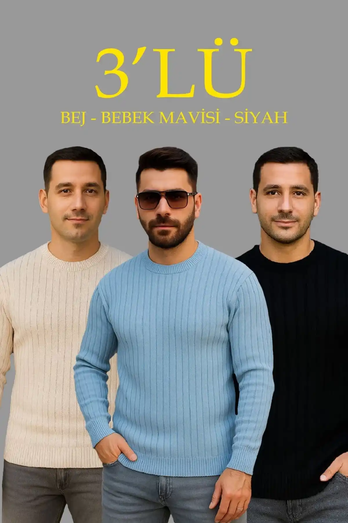 Erkek Fitilli Triko Bisiklet Yaka Kalın Kazak 3lü Set Bej-Bebek Mavisi-Siyah