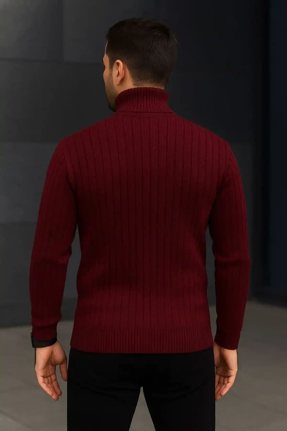 Erkek Fitilli Triko Kazak 2li Set Bordo Siyah Regular Balıkcı Yaka Tam Boğazlı Triko Seti