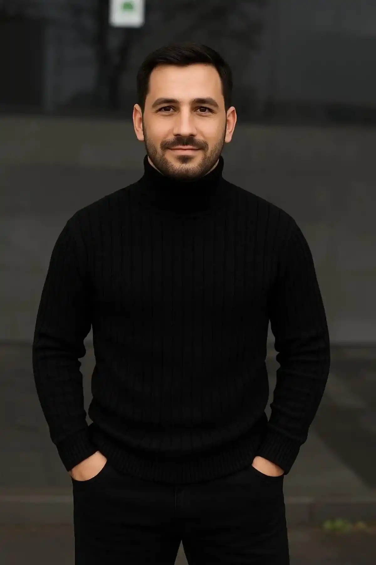 Erkek Fitilli Triko Kazak 2li Set Gri Siyah Regular Balıkcı Yaka Tam Boğazlı Triko Seti