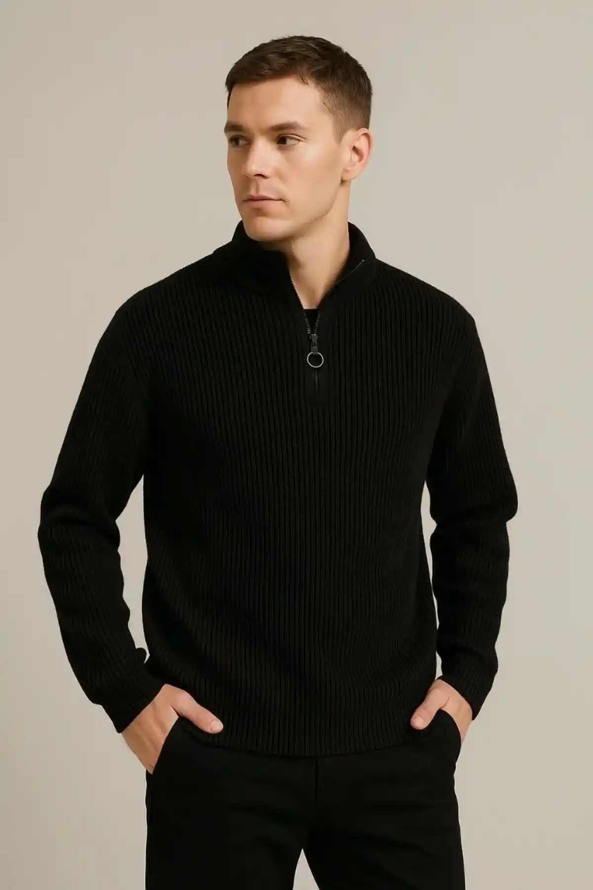 Erkek Fitilli Triko Kazak 2’li Set Siyah Bej Kalın Dokuma Pamuklu Regular Fit V Yaka