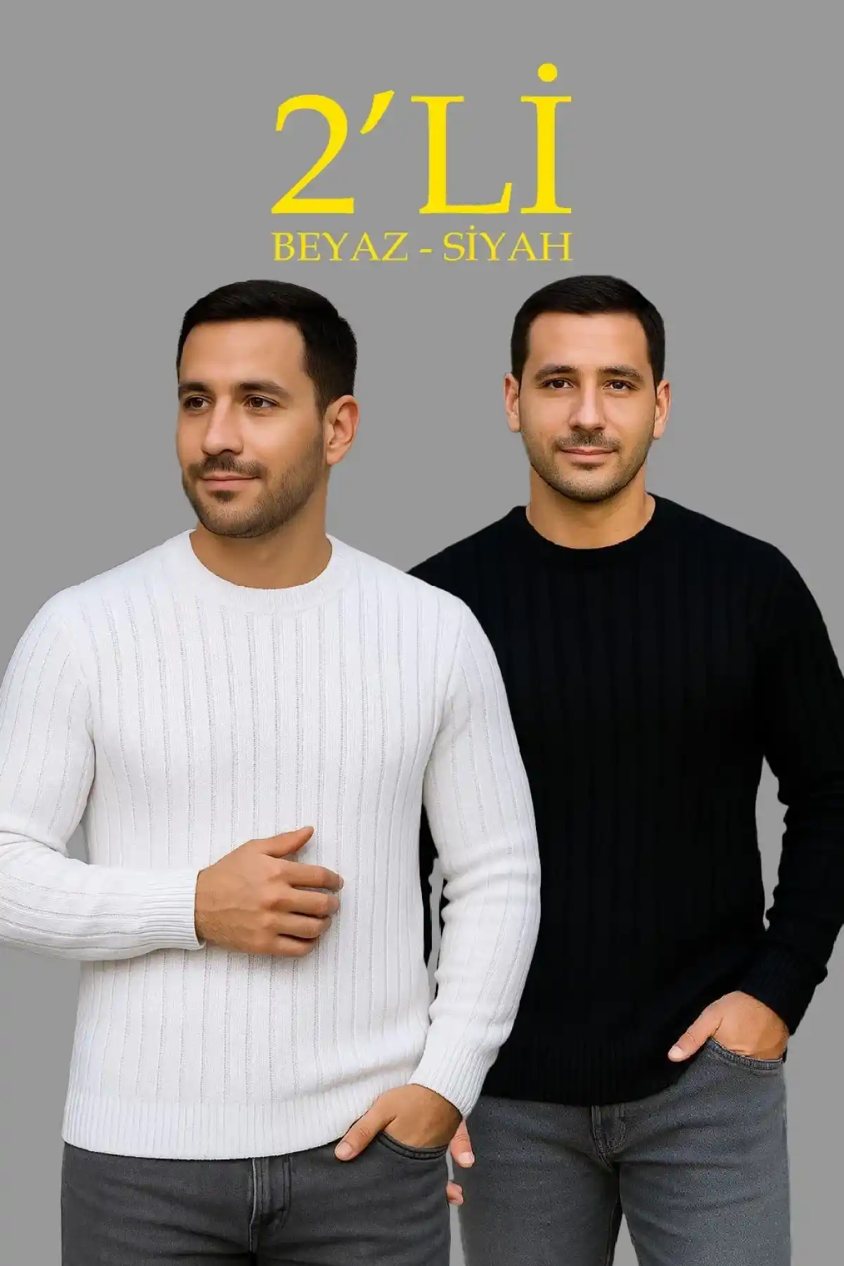 Erkek Fitilli Triko Kazak 2’li Set Siyah Beyaz Kalın Dokuma Pamuklu Regular Fit Bisiklet