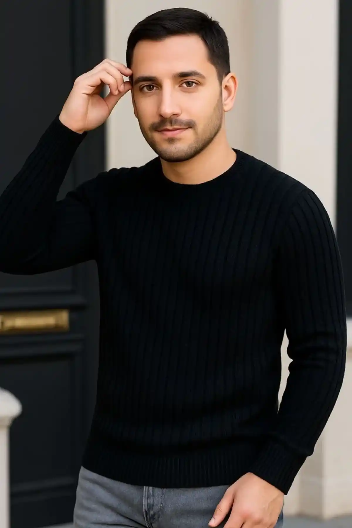 Erkek Fitilli Triko Kazak 2’li Set Siyah Bordo Kalın Dokuma Pamuklu Regular Fit Bisiklet