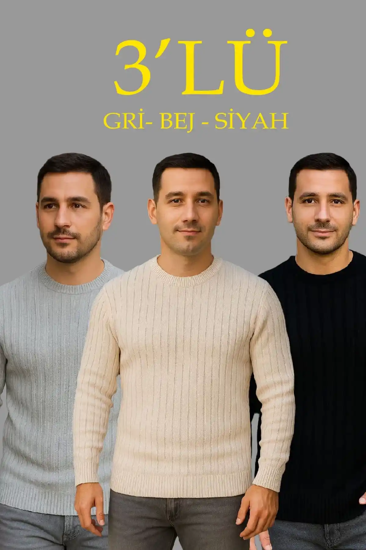 Erkek Fitilli Triko Kazak 3lü Set Bej Gri Siyah Regular Fit Bisiklet Yaka Triko Seti Kazak Modeli