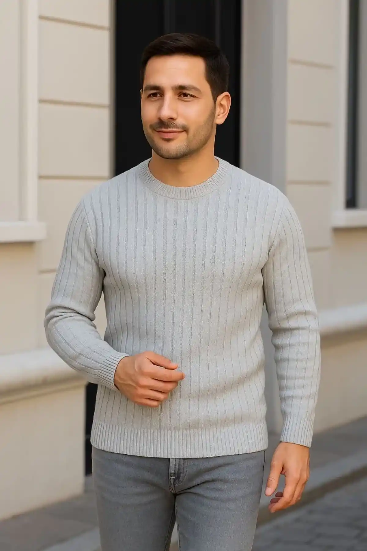 Erkek Fitilli Triko Kazak 3lü Set Beyaz Gri Siyah Regular Fit Bisiklet Yaka Triko Seti