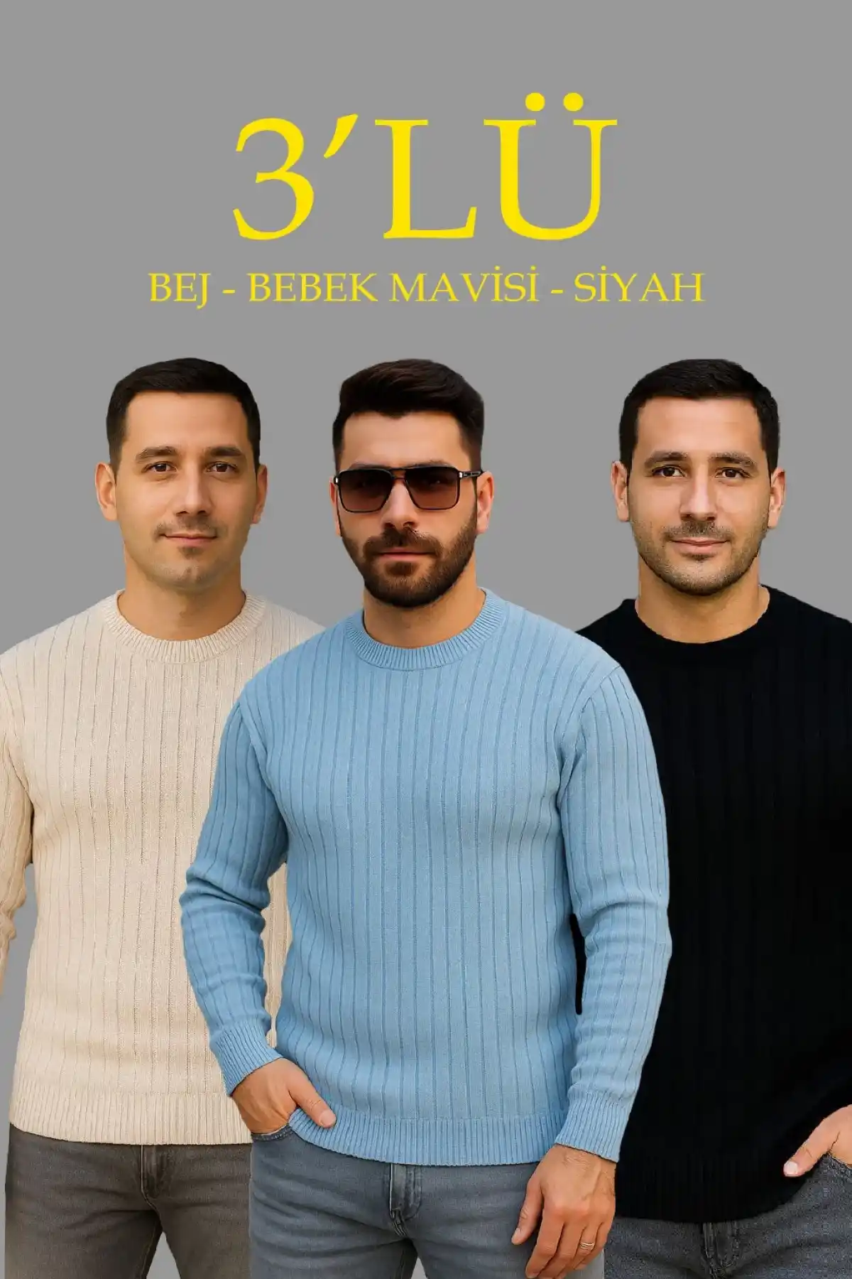 Erkek Fitilli Triko Kazak 3’lü Set – Bej, Bebek Mavisi, Siyah | Kalın Dokuma Pamuklu Regular Fit Bisiklet Yaka Uzun Kollu Kışlık ve Baharlık Rahat Triko Kombini