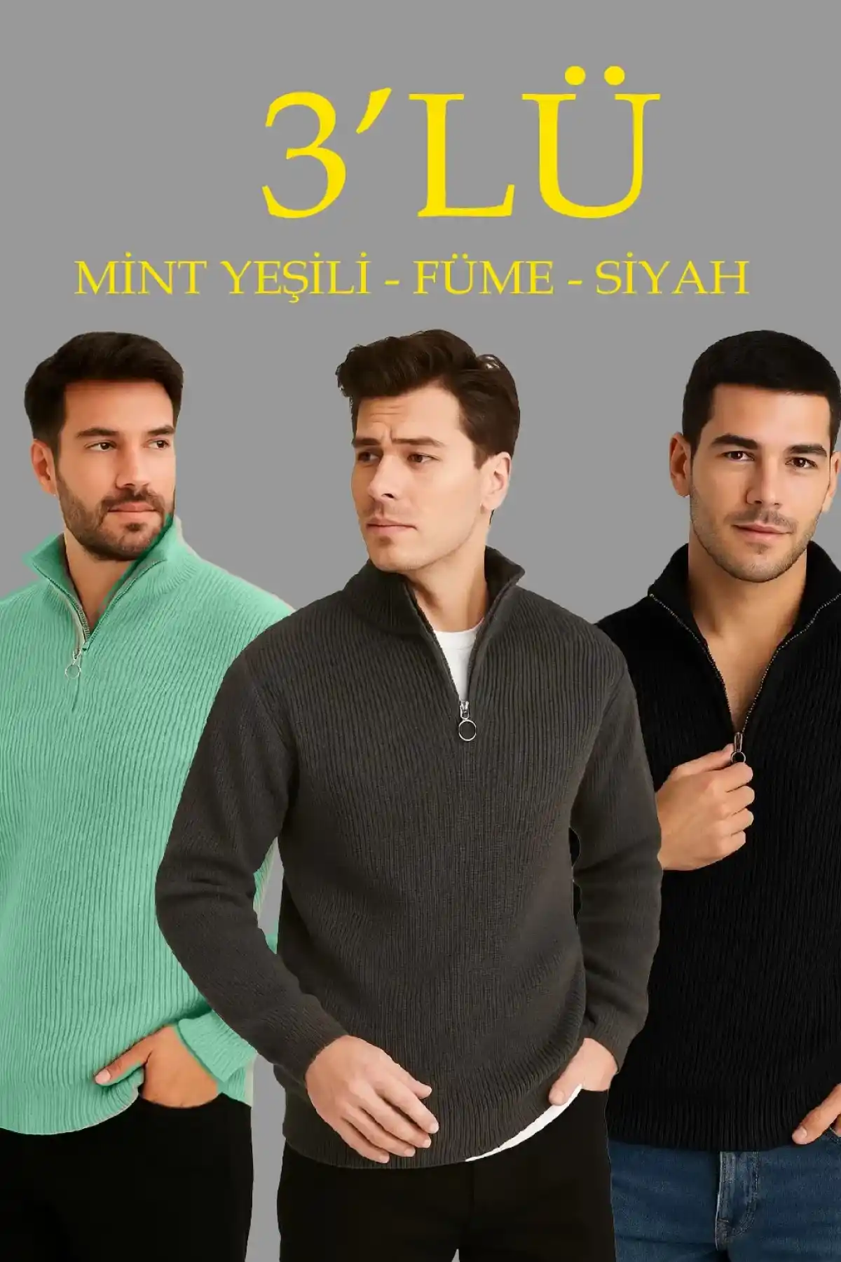 Erkek Fitilli Triko Kazak 3’lü Set – Mint Yeşili, Siyah, Füme Kalın Dokuma Pamuklu Regular Fit V Yaka Fermuarlı Uzun Kollu Rahat Kışlık Kazak Kombini