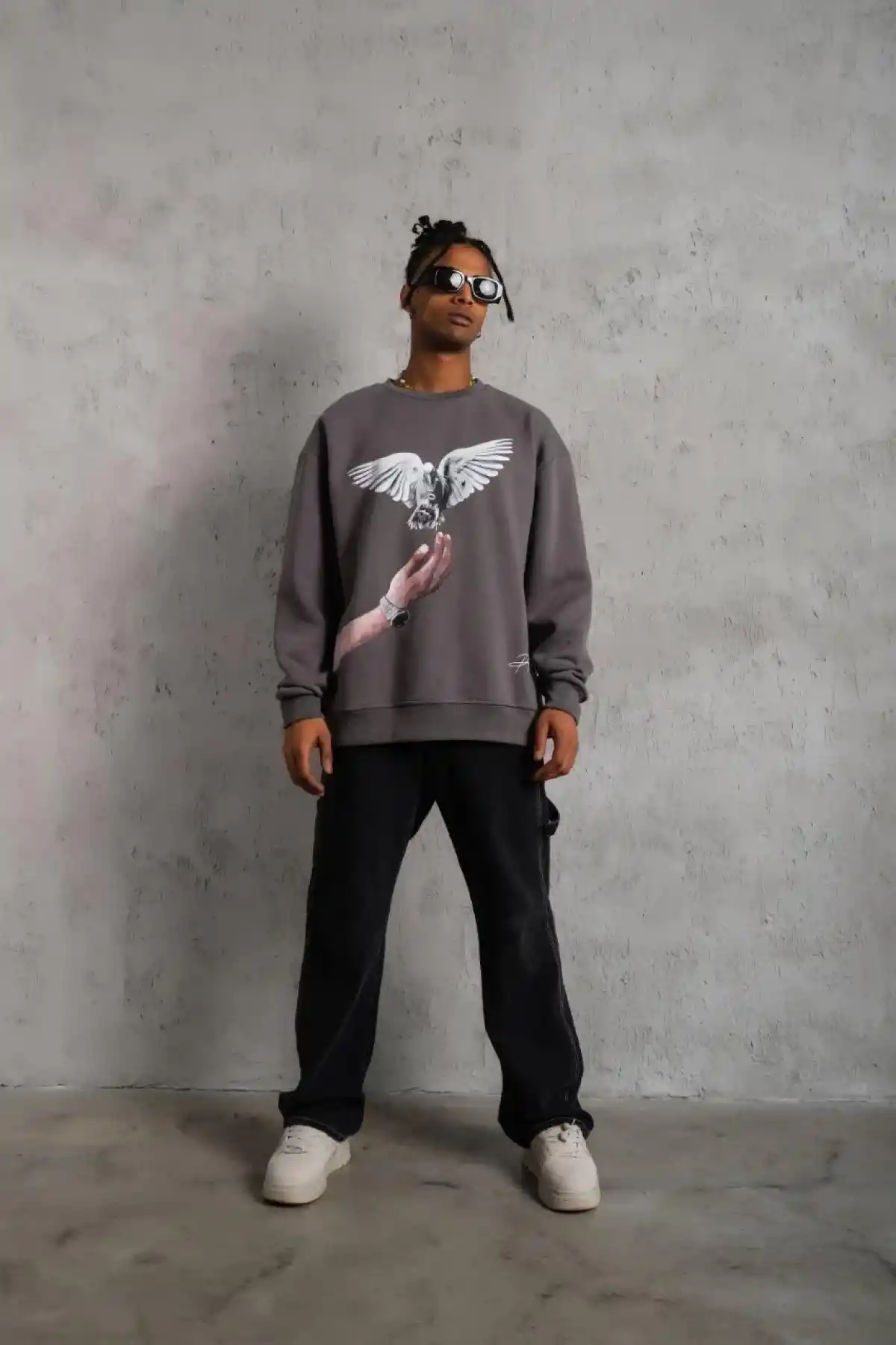 Erkek Güvercin Baskılı Sweatshirt - Gri