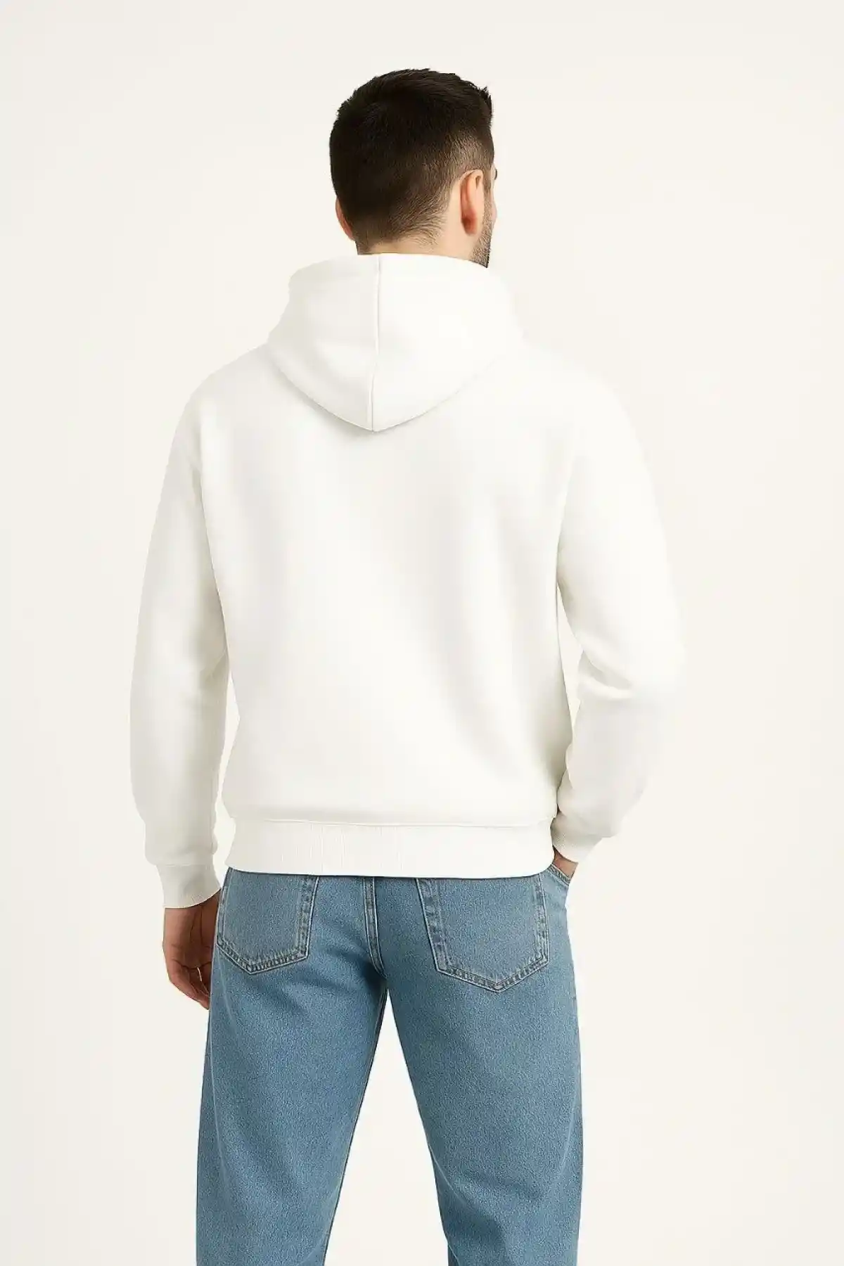 Erkek Kapüşonlu 3 İplik Şardonlu Önü Baskılı Fermuarlı Oversize Sweatshirt - Beyaz