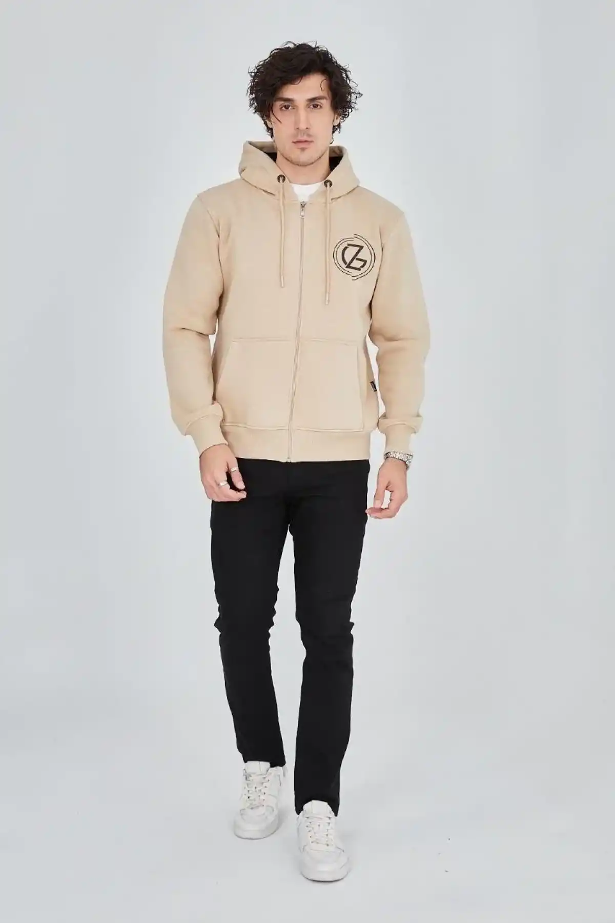 Erkek 3 İplik Pamuklu Fermuarlı Kapüşonlu Kanguru Cepli Baskılı Hoodie Hırka Sweatshirt - Bej