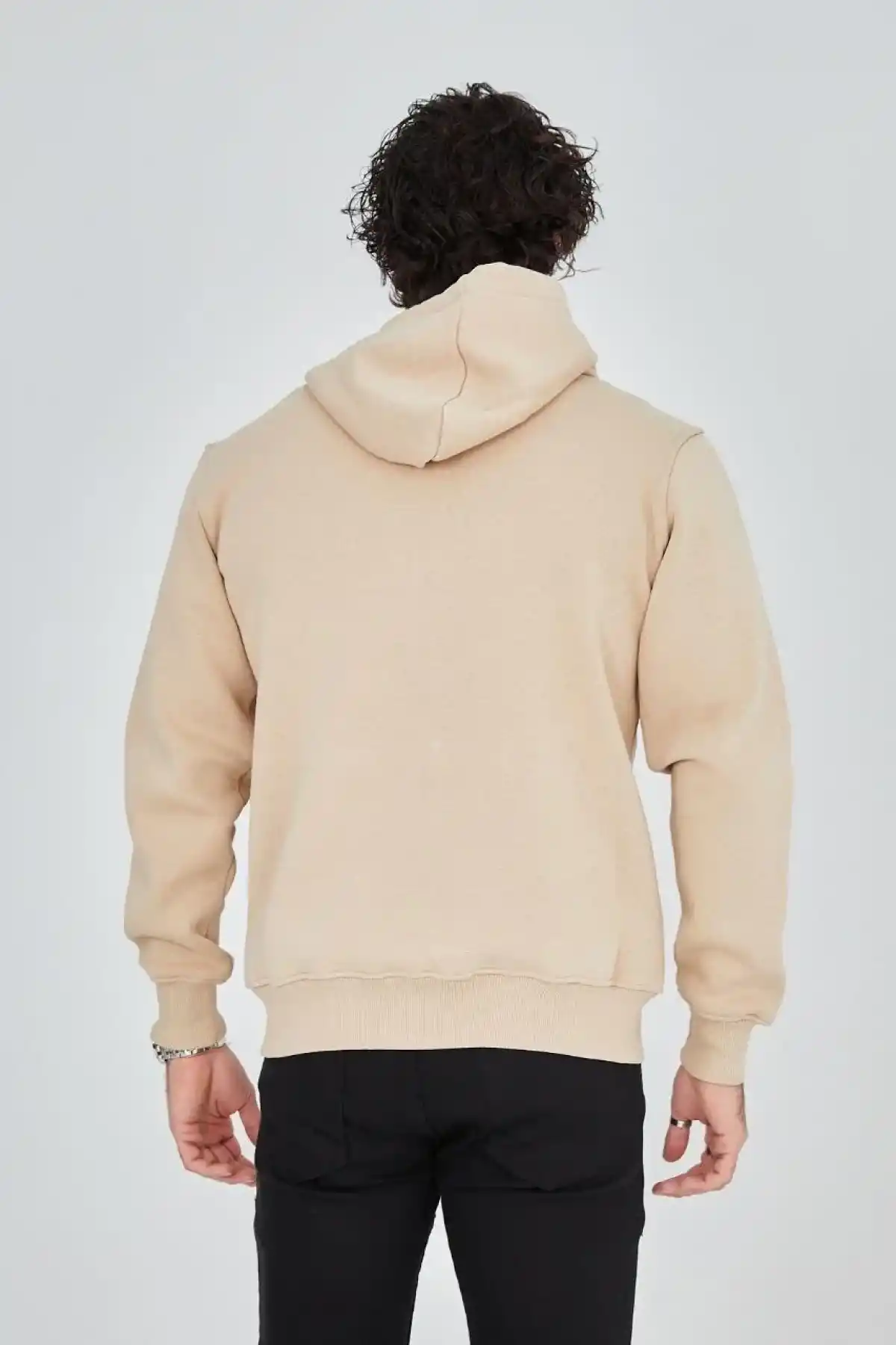 Erkek 3 İplik Pamuklu Fermuarlı Kapüşonlu Kanguru Cepli Baskılı Hoodie Hırka Sweatshirt - Bej
