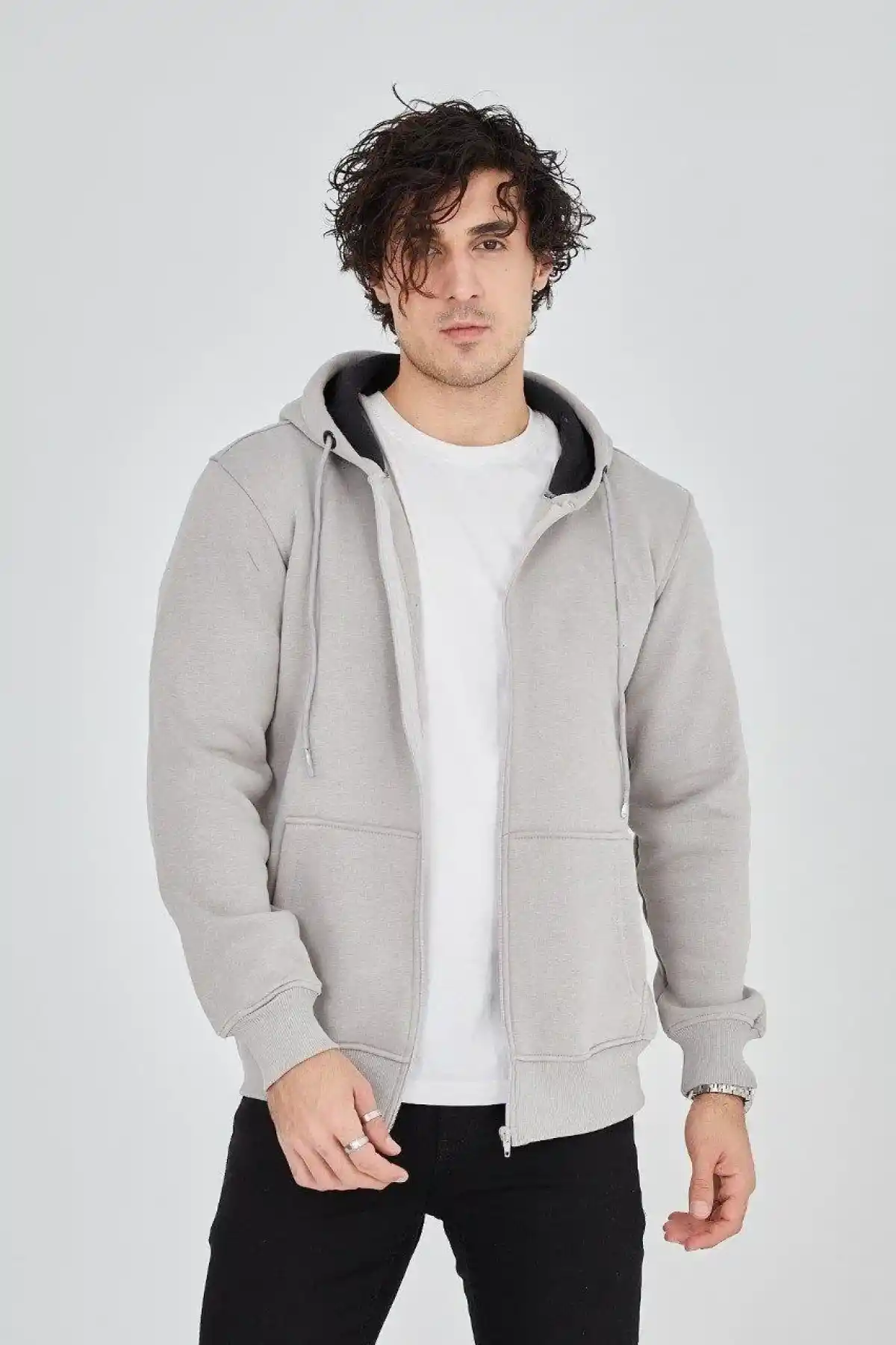 Erkek Kapüşonlu Düz Fermuarlı Hırka - Boyalı Gri