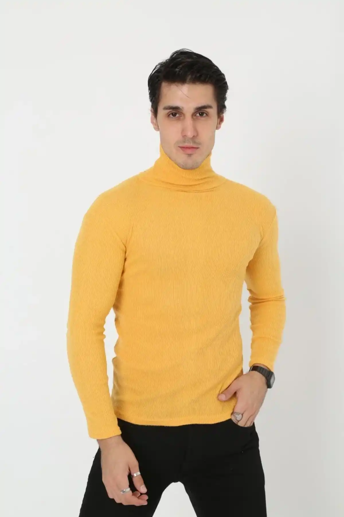 Erkek Kaşkorse Boğazlı Full Likralı Fitilli Body Kazak - Sarı