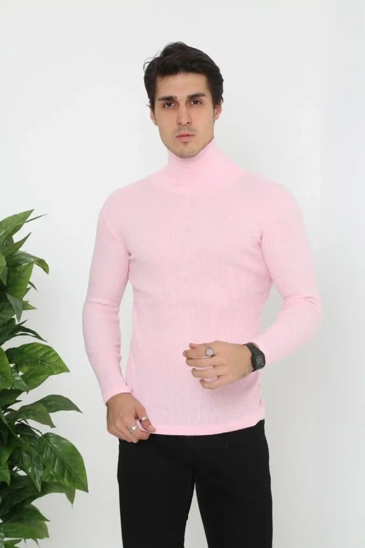 Erkek Kaşkorse Boğazlı Full Likralı Fitilli Body Kazak - Toz Pembe