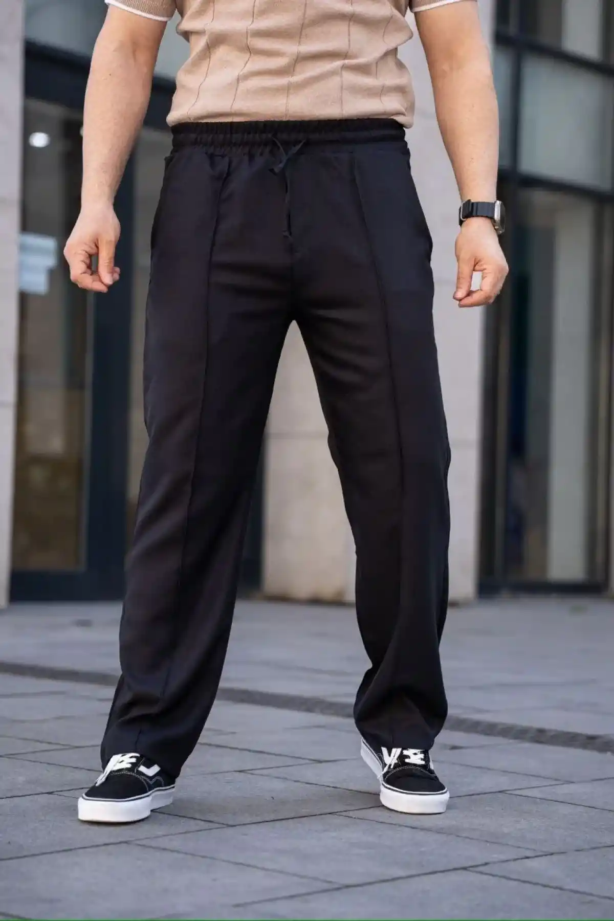 Erkek Keten Cepli Çıma Dikişli jogger Buggy Pantalon Rahat kalıp - Siyah