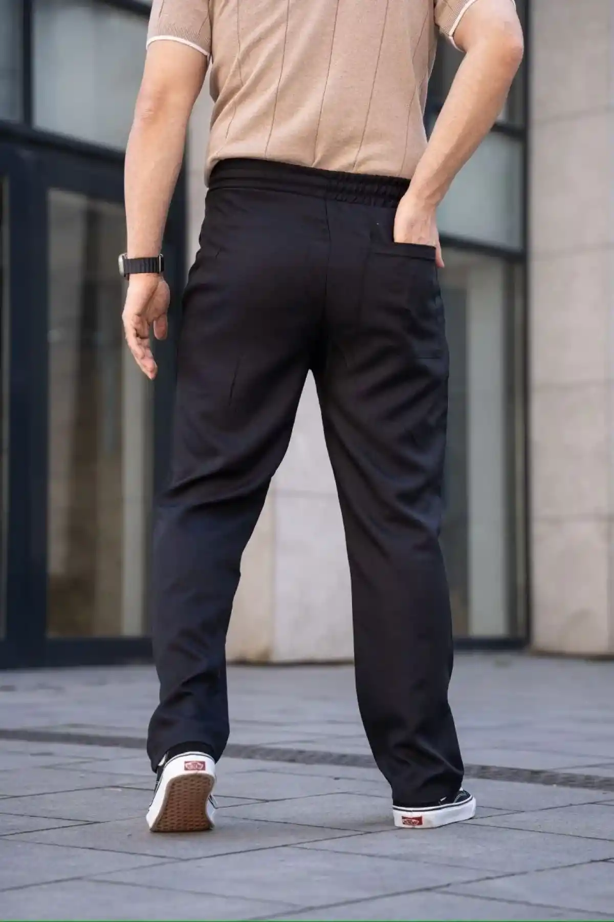 Erkek Keten Cepli Çıma Dikişli jogger Buggy Pantalon Rahat kalıp - Siyah