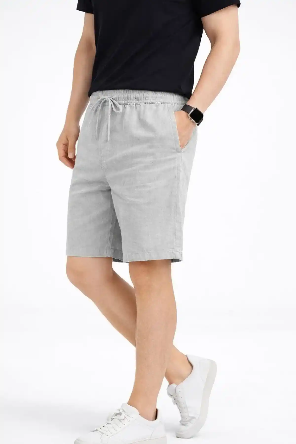 Erkek Keten Kumaş Cepli Rahat Kesim Bel Lastikli Şort - Gri