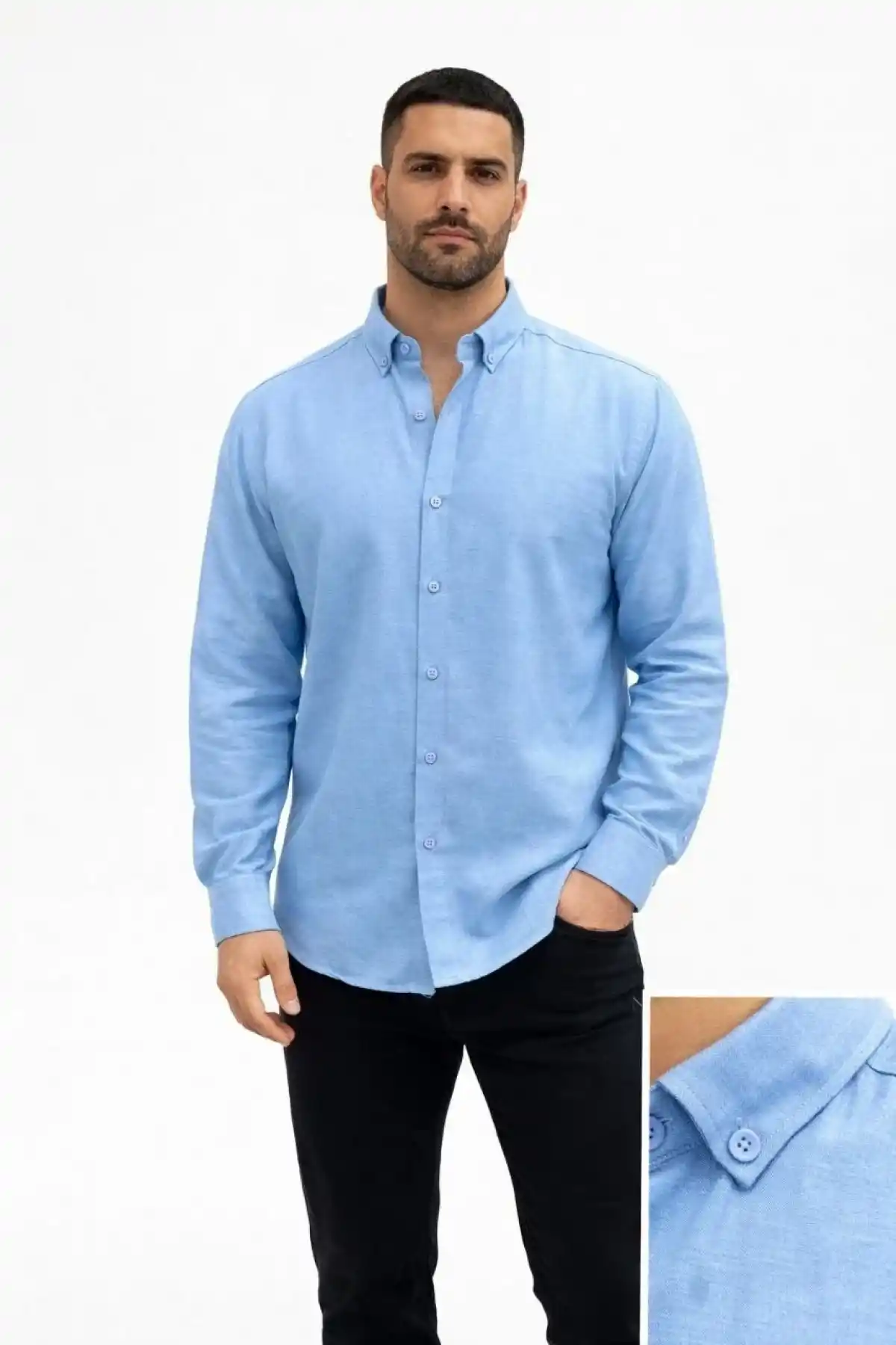 Erkek KETEN Kumaş Oversize Uzun Kollu Rahat Kalıp Gömlek - Açık Mavi