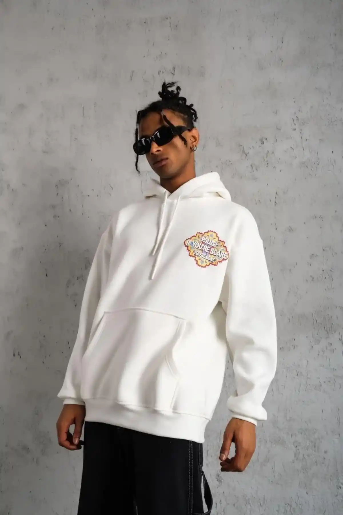 Erkek 3 İplik Pamuklu Kapüşonlu Baskılı Cepli Oversize Sweatshirt Hoodie - Beyaz