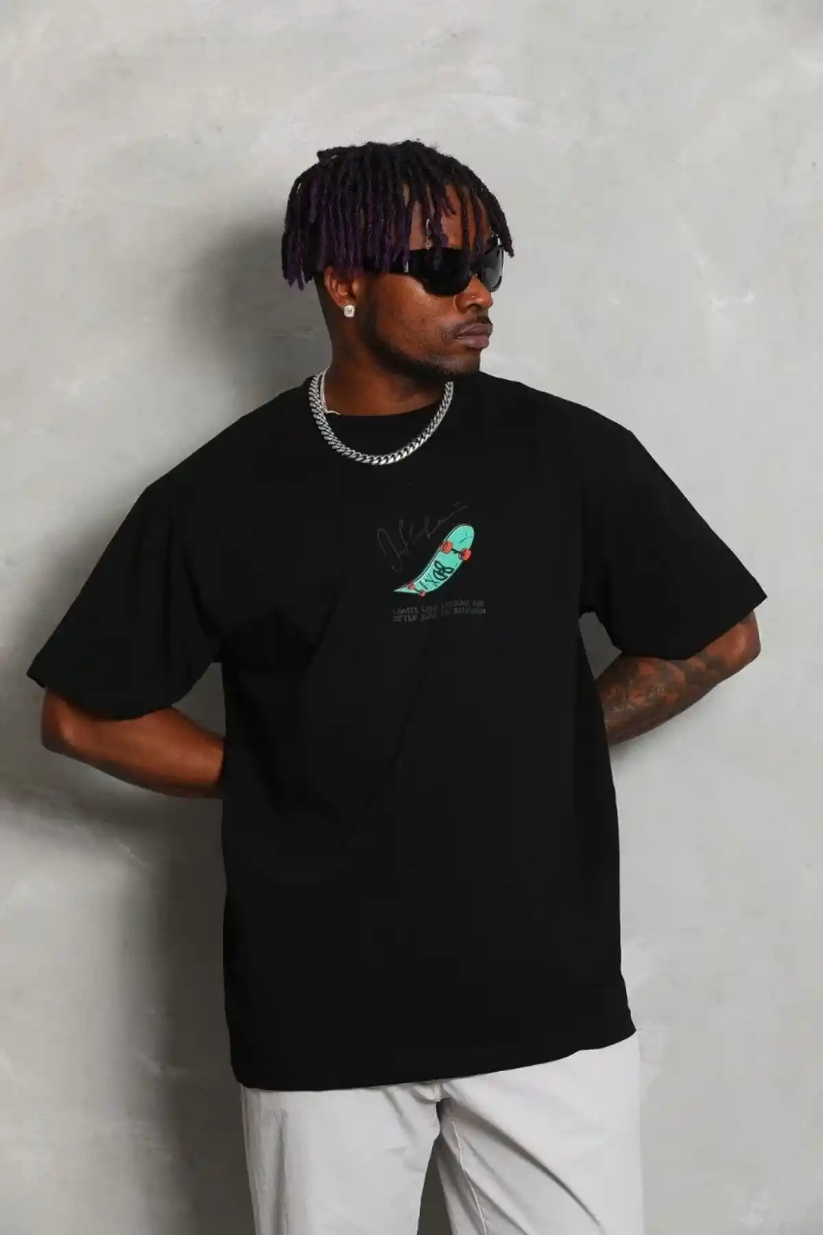 Erkek Baskılı T-Shirt Kısa Kol Bisiklet Yaka Rahat Kalıp Tişört - Siyah