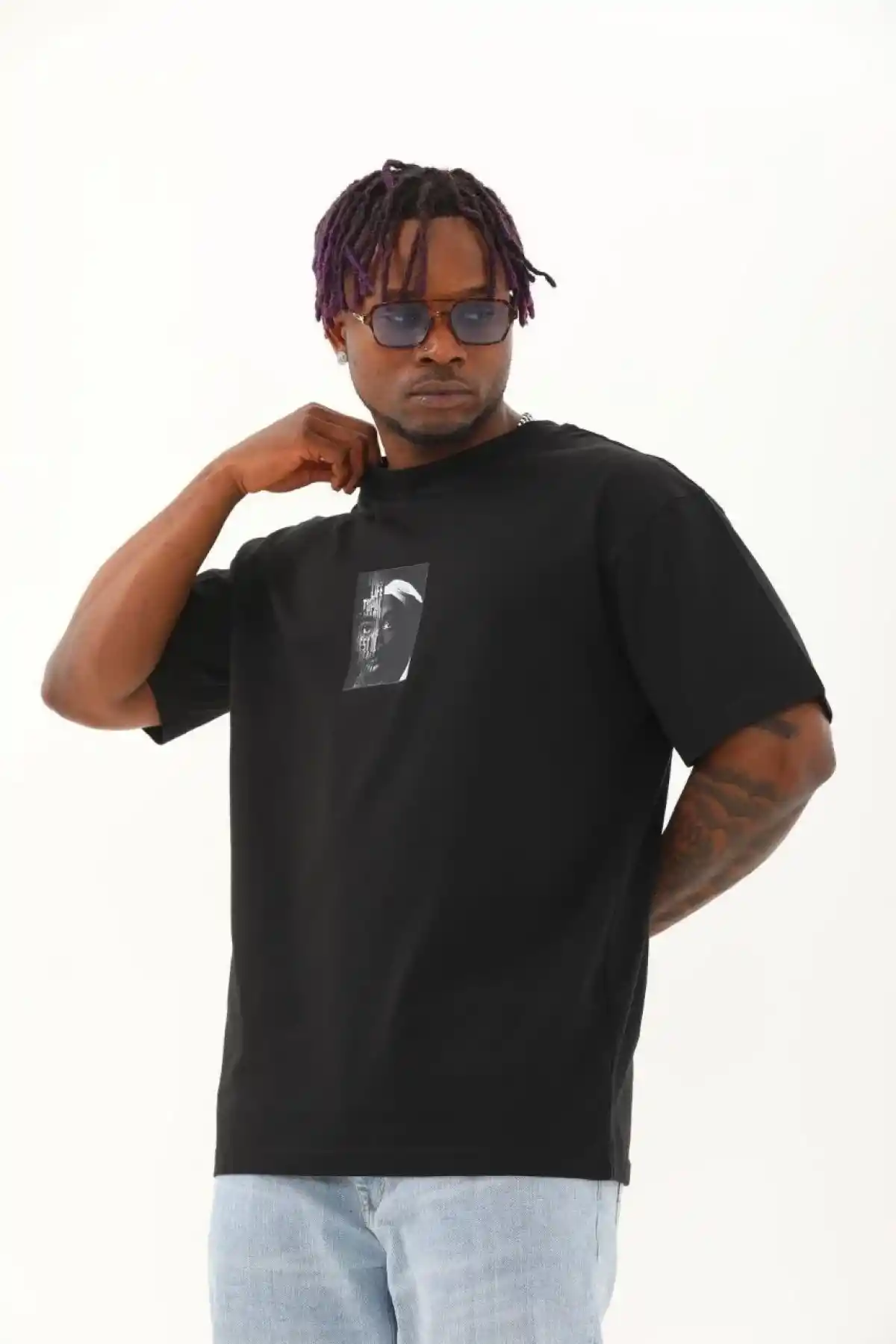 Erkek Kısa Kol Oversize Baskılı Bisiklet Yaka T-Shirt - Siyah