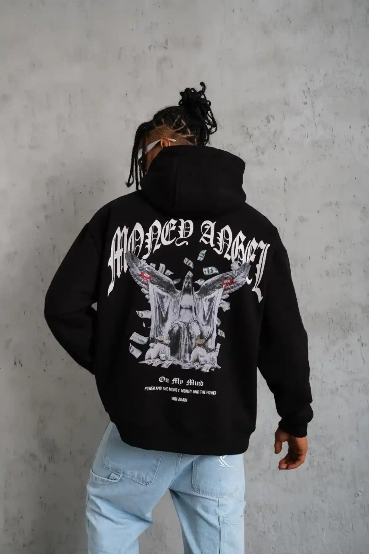 Erkek Kordon İpli Baskılı Kapüşonlu Sweatshirt - Siyah