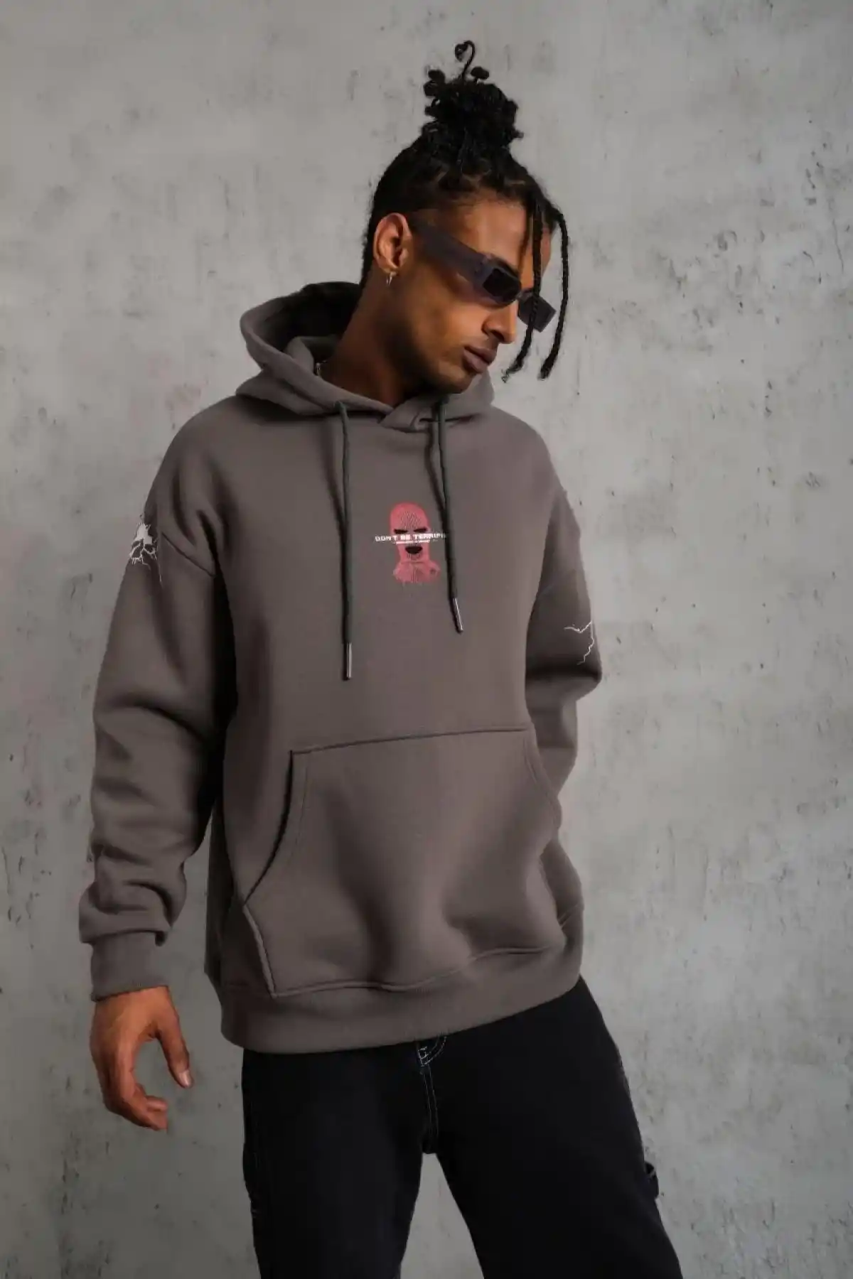 Erkek 3 İplik Pamuklu Kapüşonlu Baskılı Cepli Oversize Sweatshirt Hoodie - Gri