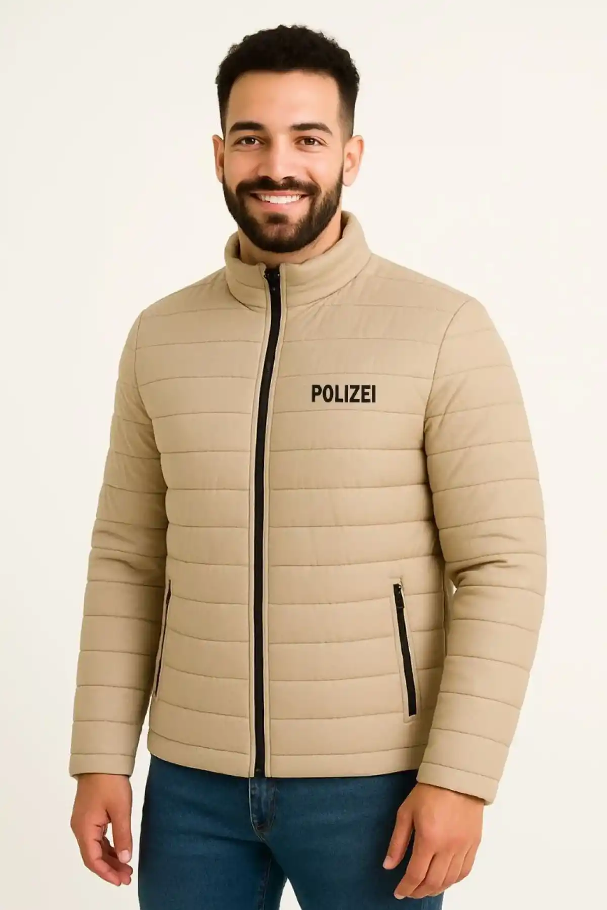 Erkek Mikro Su İtici Kapitone Baskılı Astarlı Fermuarlı Bomber Mont - Bej